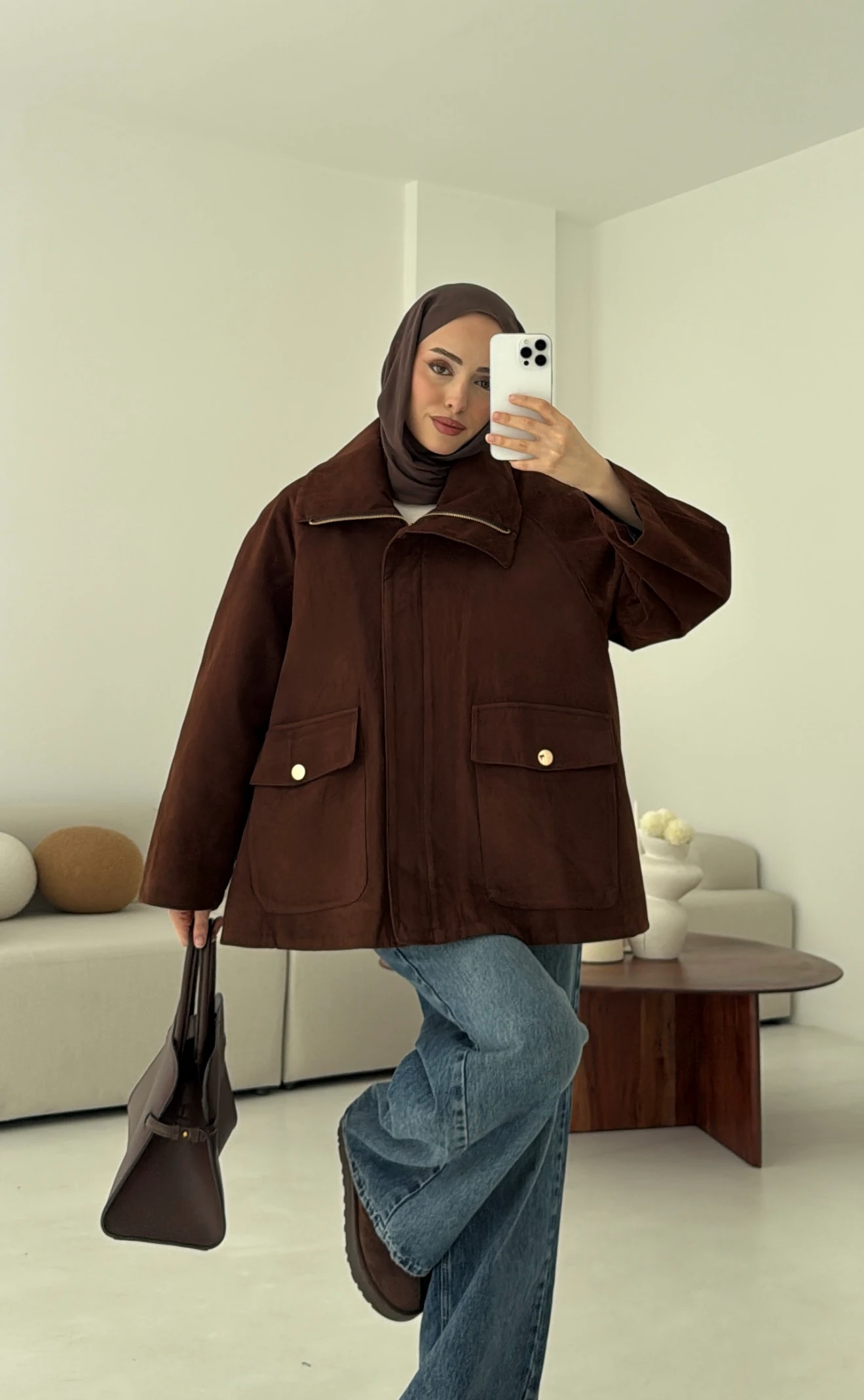 Oversize Dolgulu Süet Ceket Kahve