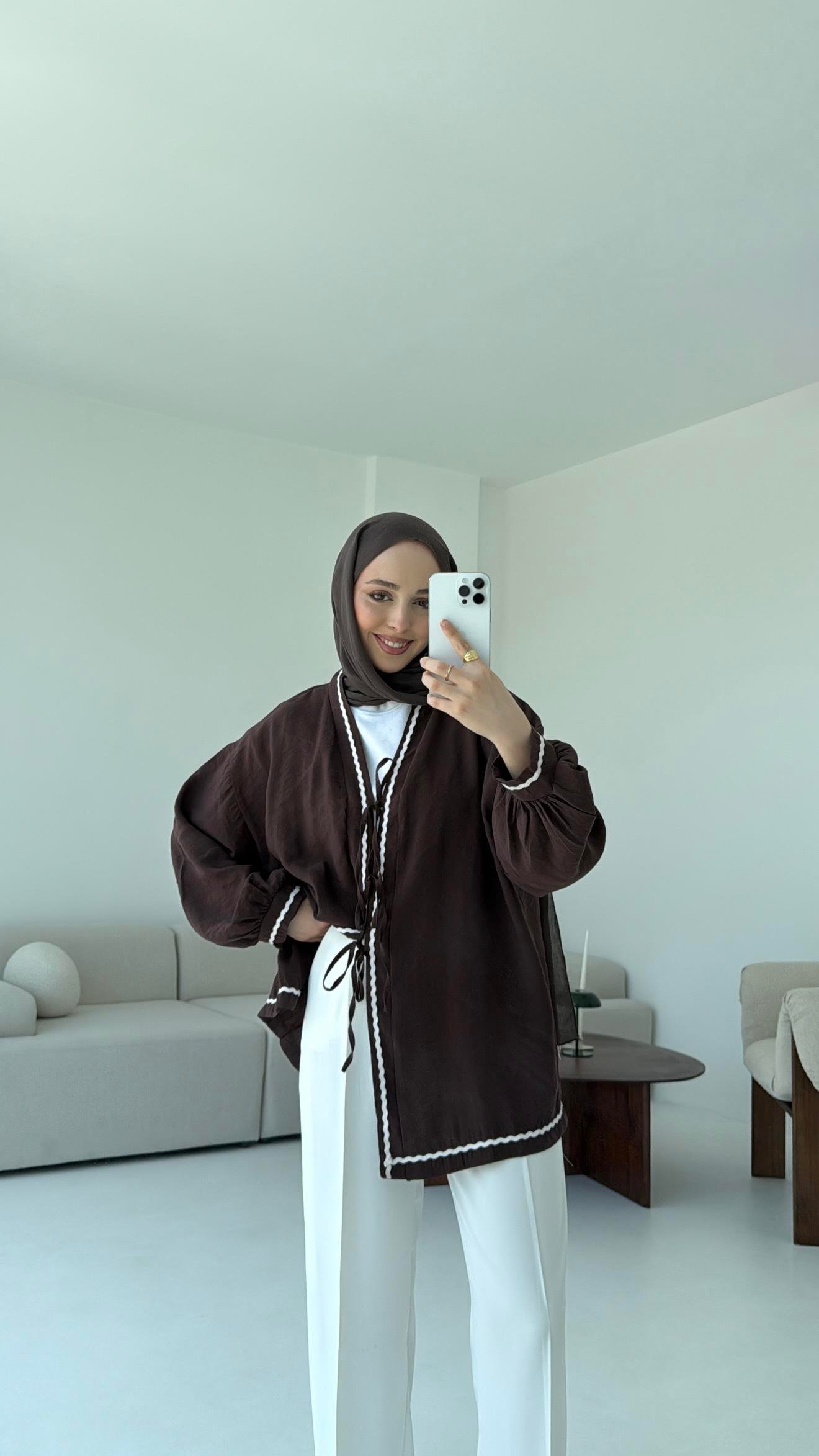 Bağlamalı Dantel Detay Kimono Kahve