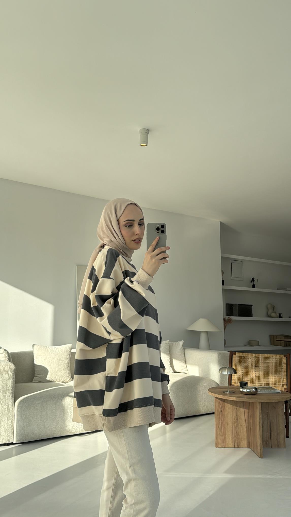 Çizgili Oversize Sweatshirt Gri