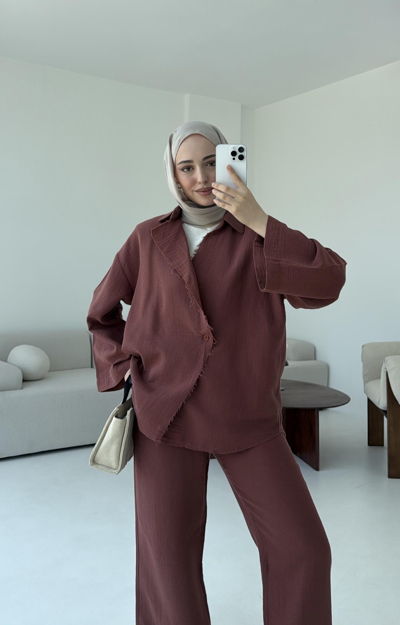 Müslin Düğmeli Kimono Takım Kiremit