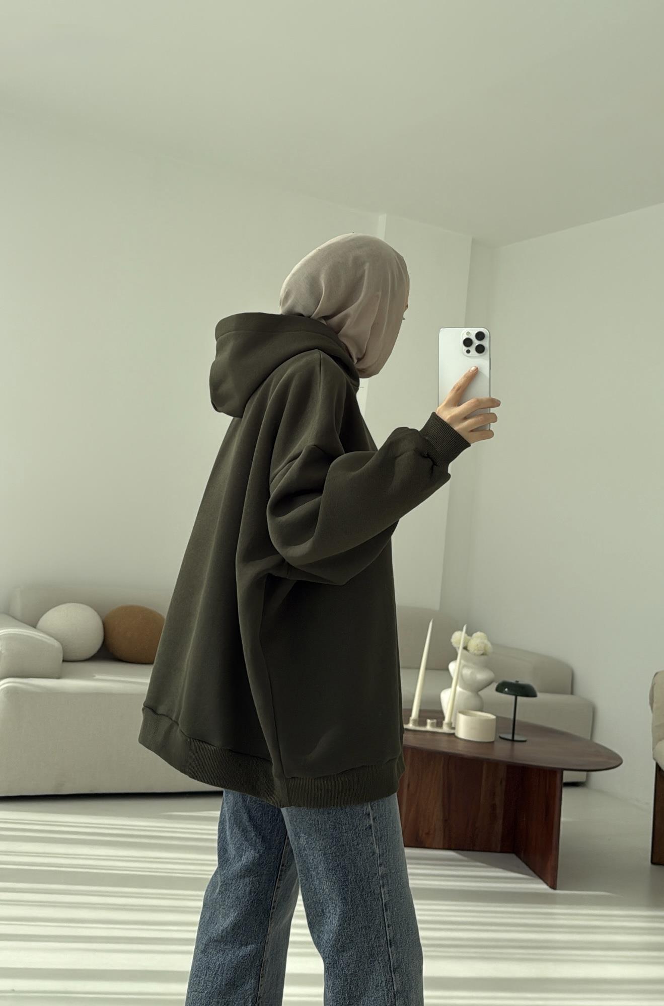 Kapüşonlu Oversize Şardonlu Sweatshirt Haki