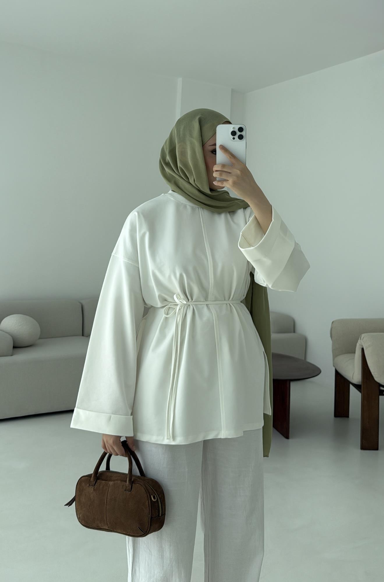 Bağlamalı Yanı Yırtmaç Detay Sweat Beyaz