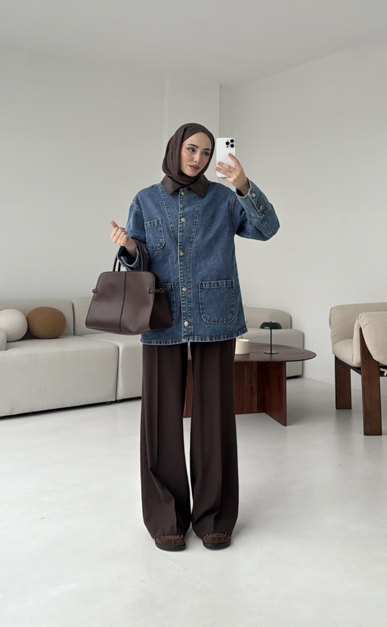 Yakası Deri Denim Ceket