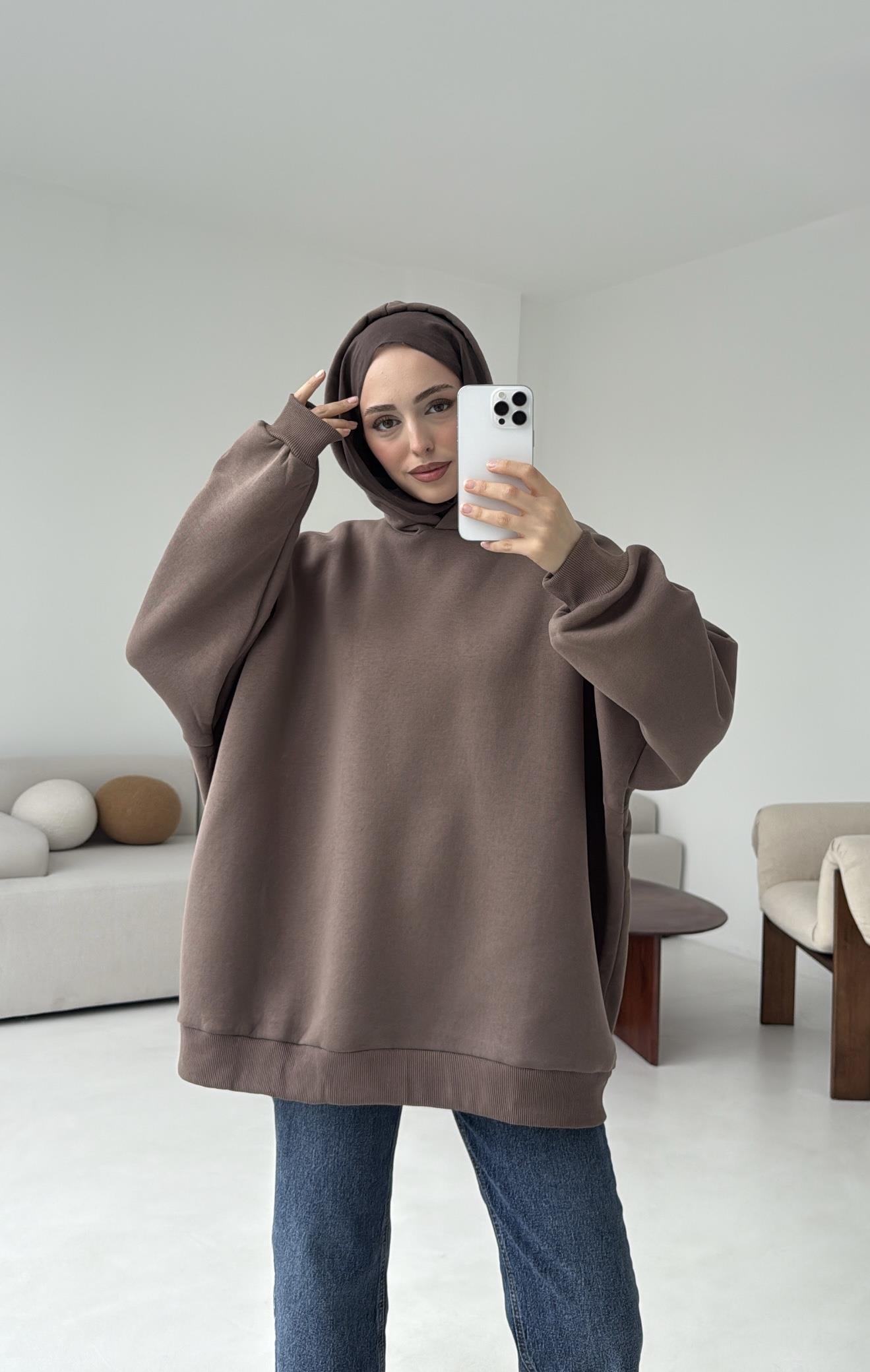 Kapüşonlu Oversize Şardonlu Sweatshirt Kahve
