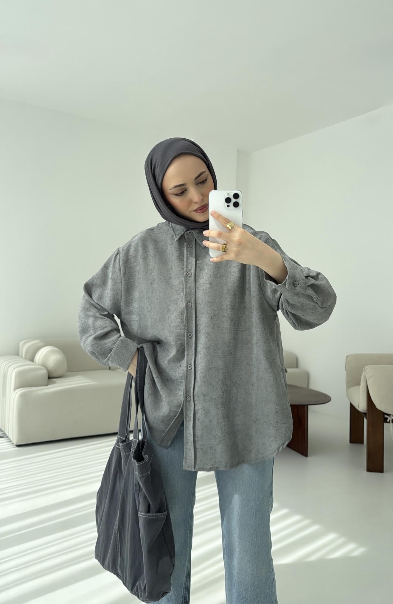 Batik Bambu Keten Gömlek Gri