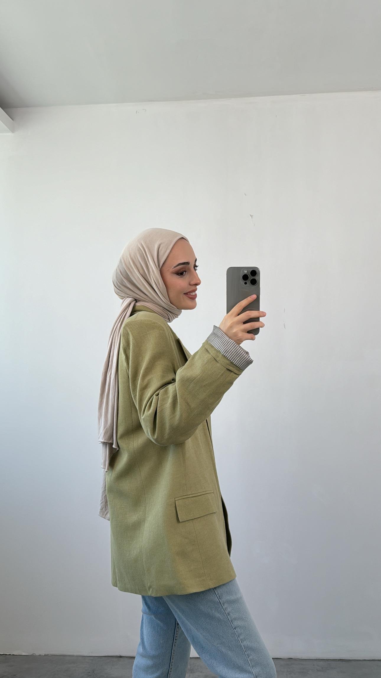 Keten Astarı Çizgili Blazer Ceket Haki