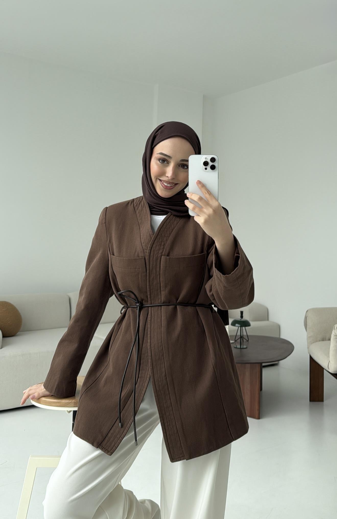 Gabardin Kemerli Ceket Kahve