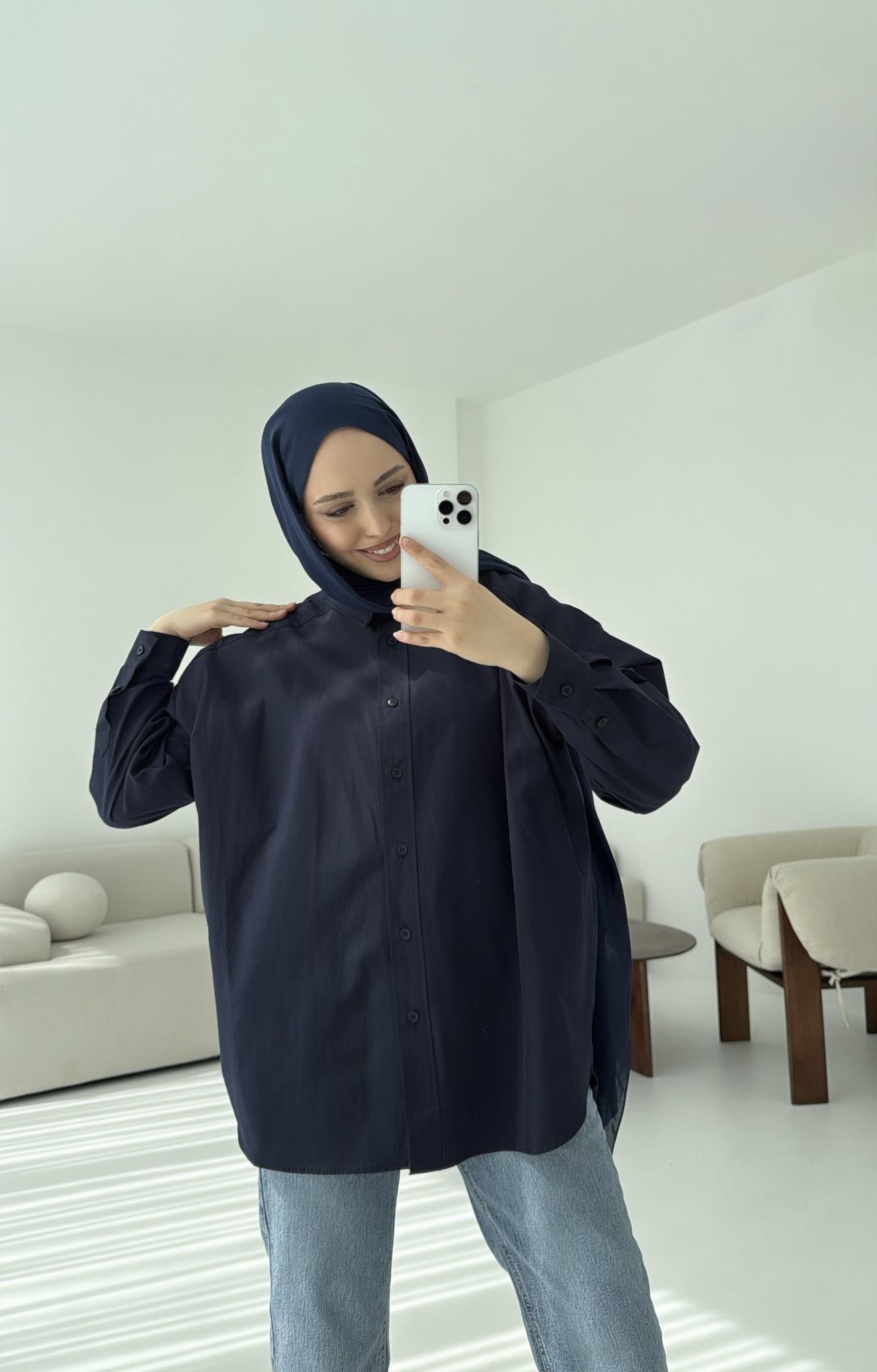 Poplin Oversize Gömlek Lacivert