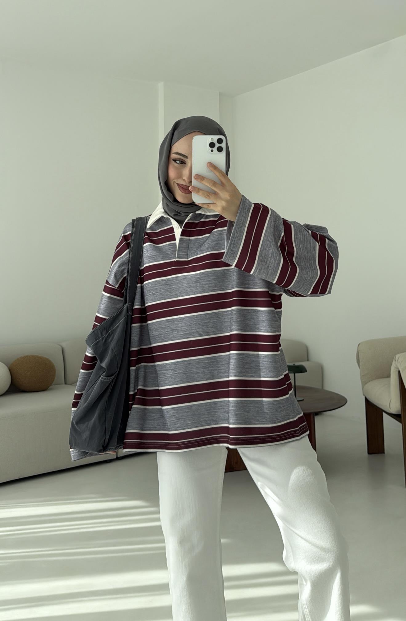 Gri Çizgili Polo Yaka Sweatshrt