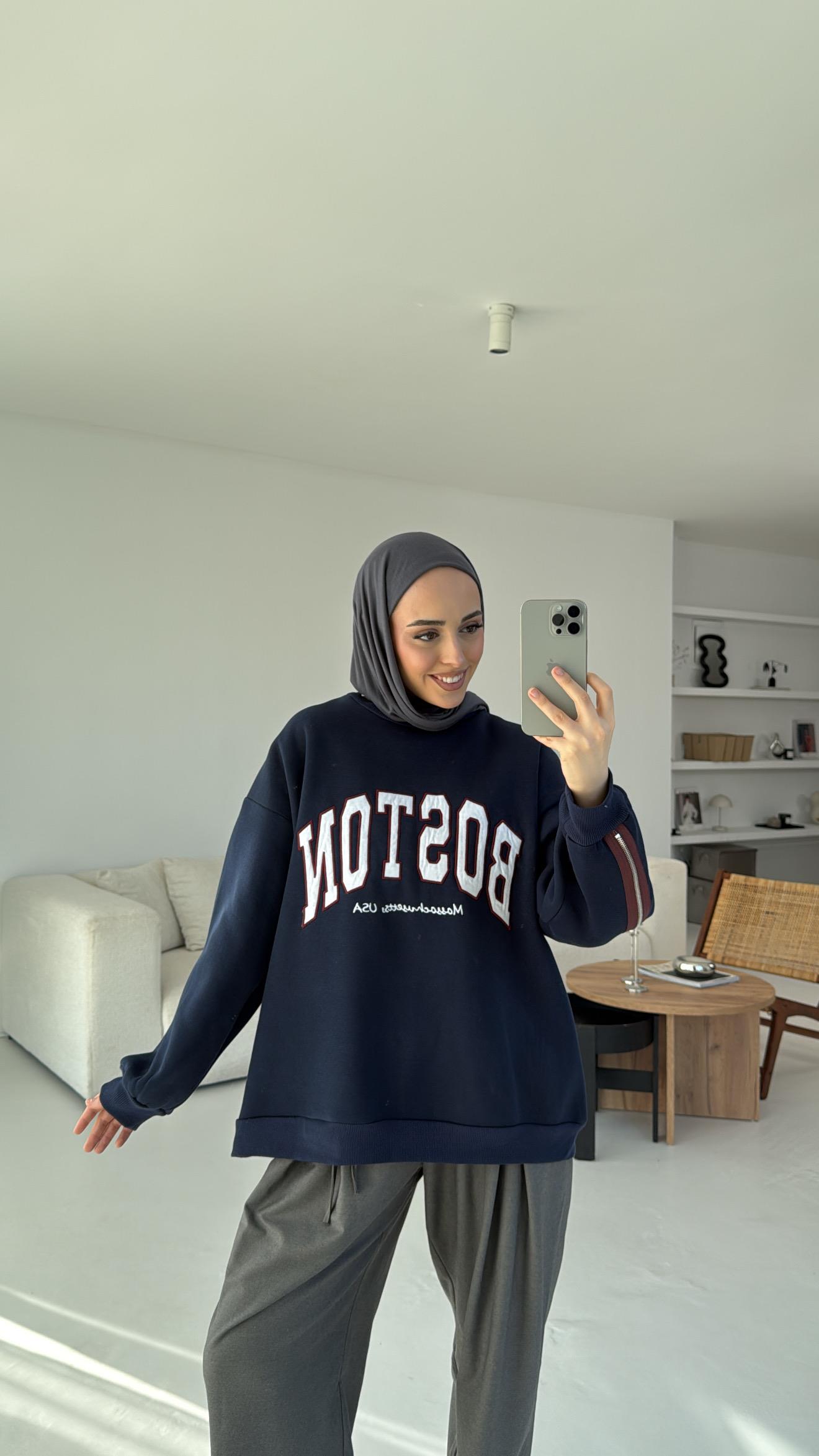 Baston Baskılı Sweatshirt Lacivert