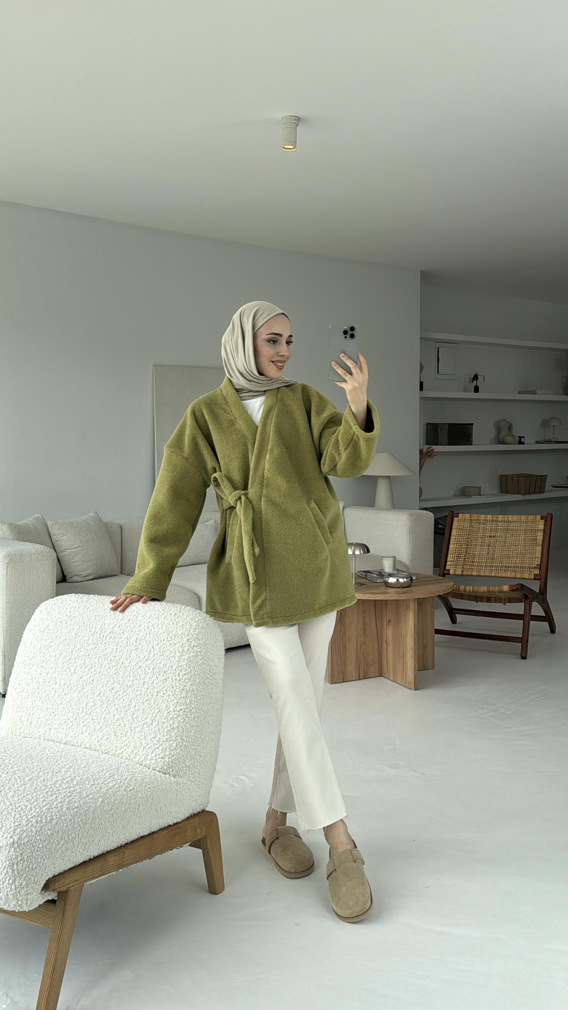 Yandan Bağlamalı Peluş Mont Yeşil