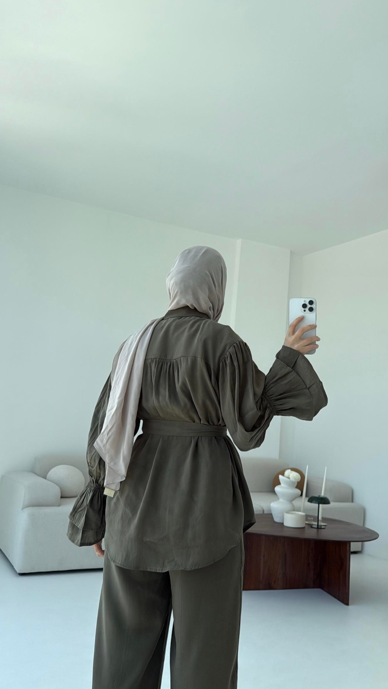 Büzgülü Oversize Gömlek Takım Haki