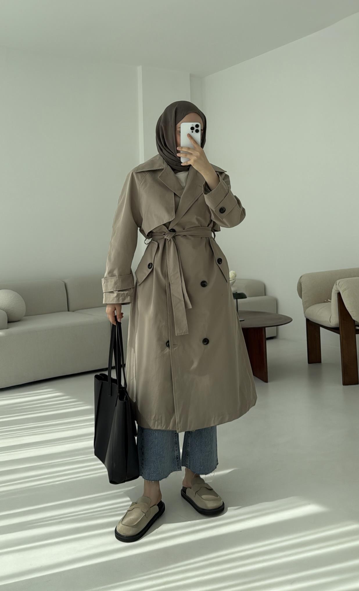 Kuşaklı Premium Trençkot Vizon
