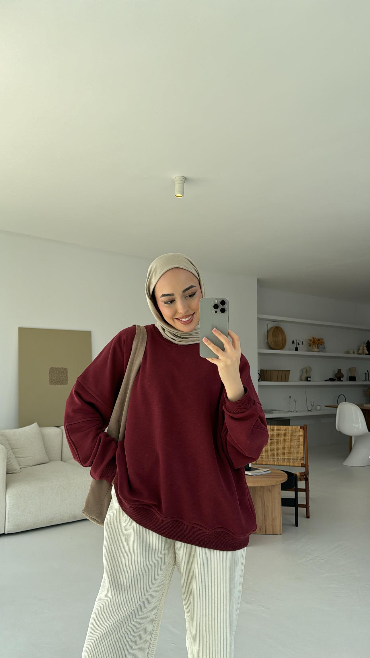 Kolları Dikiş Detaylı Oversize Sweatshirt Bordo