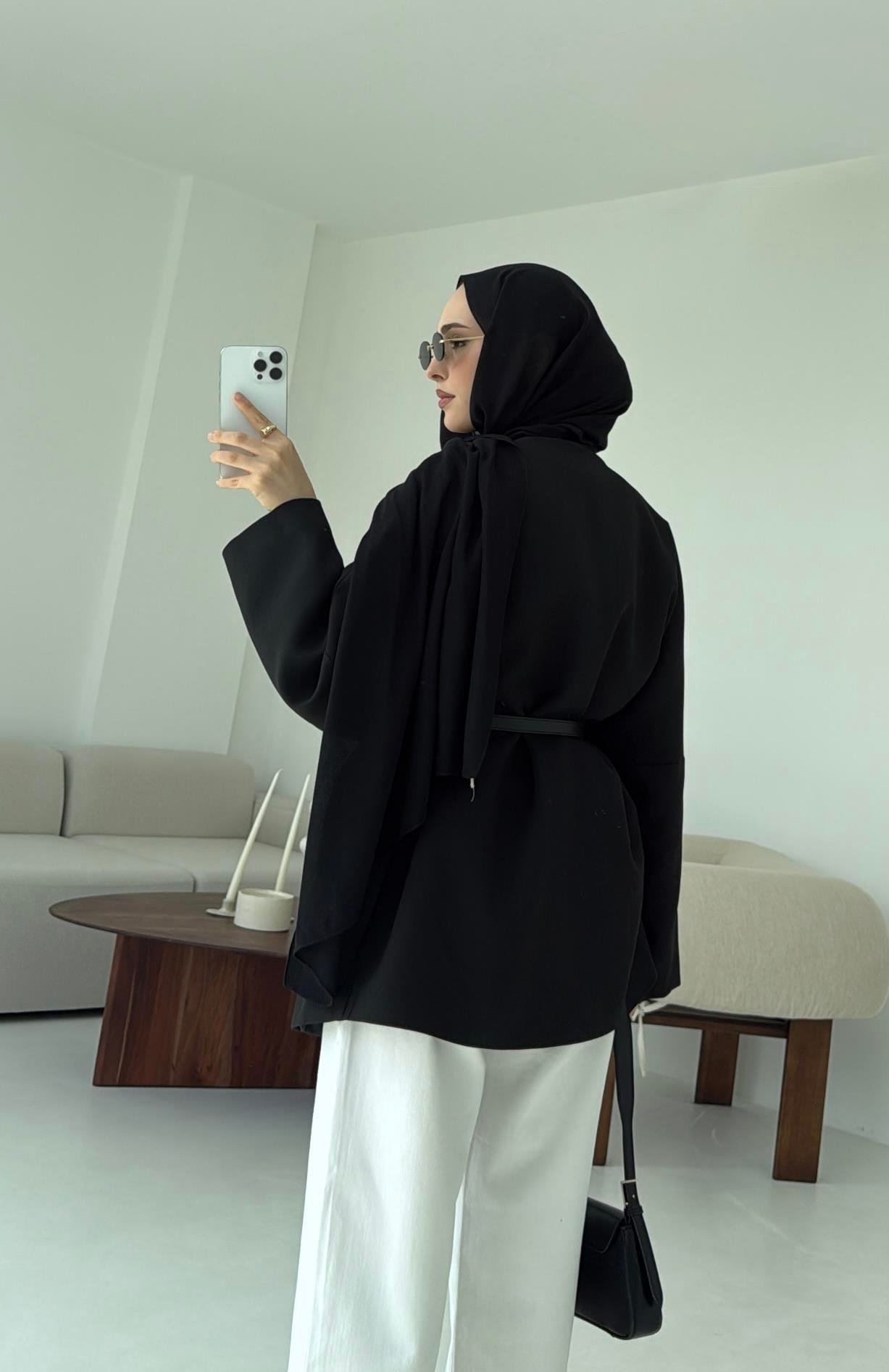 Deri Kemer Detay Oversize Ceket Siyah