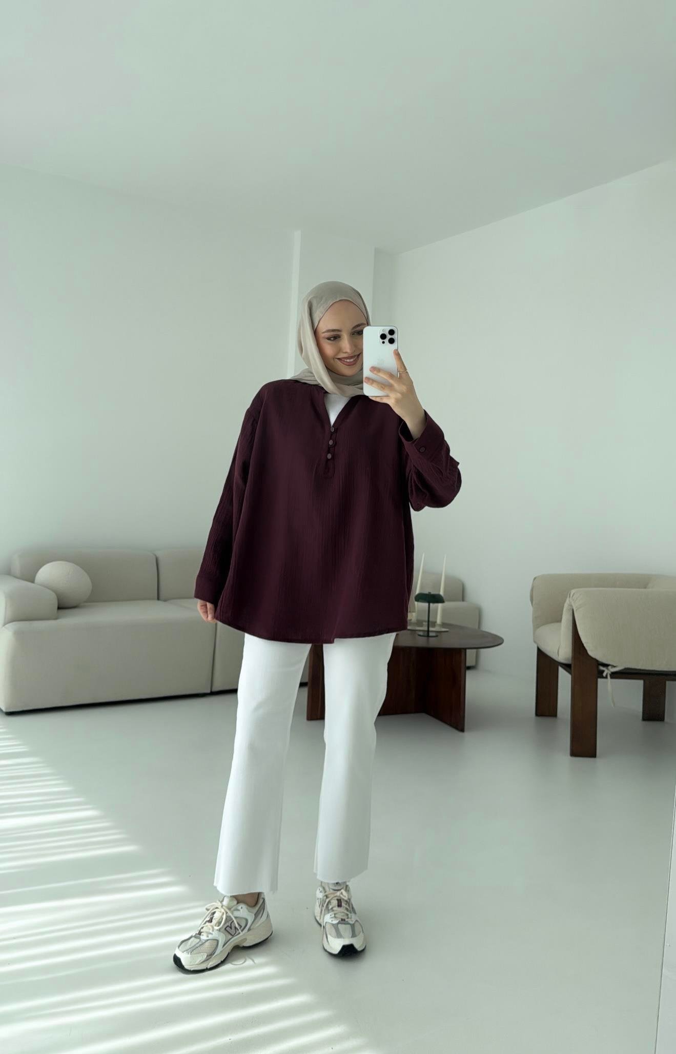 Müslin Düğmeli Gömlek Bordo