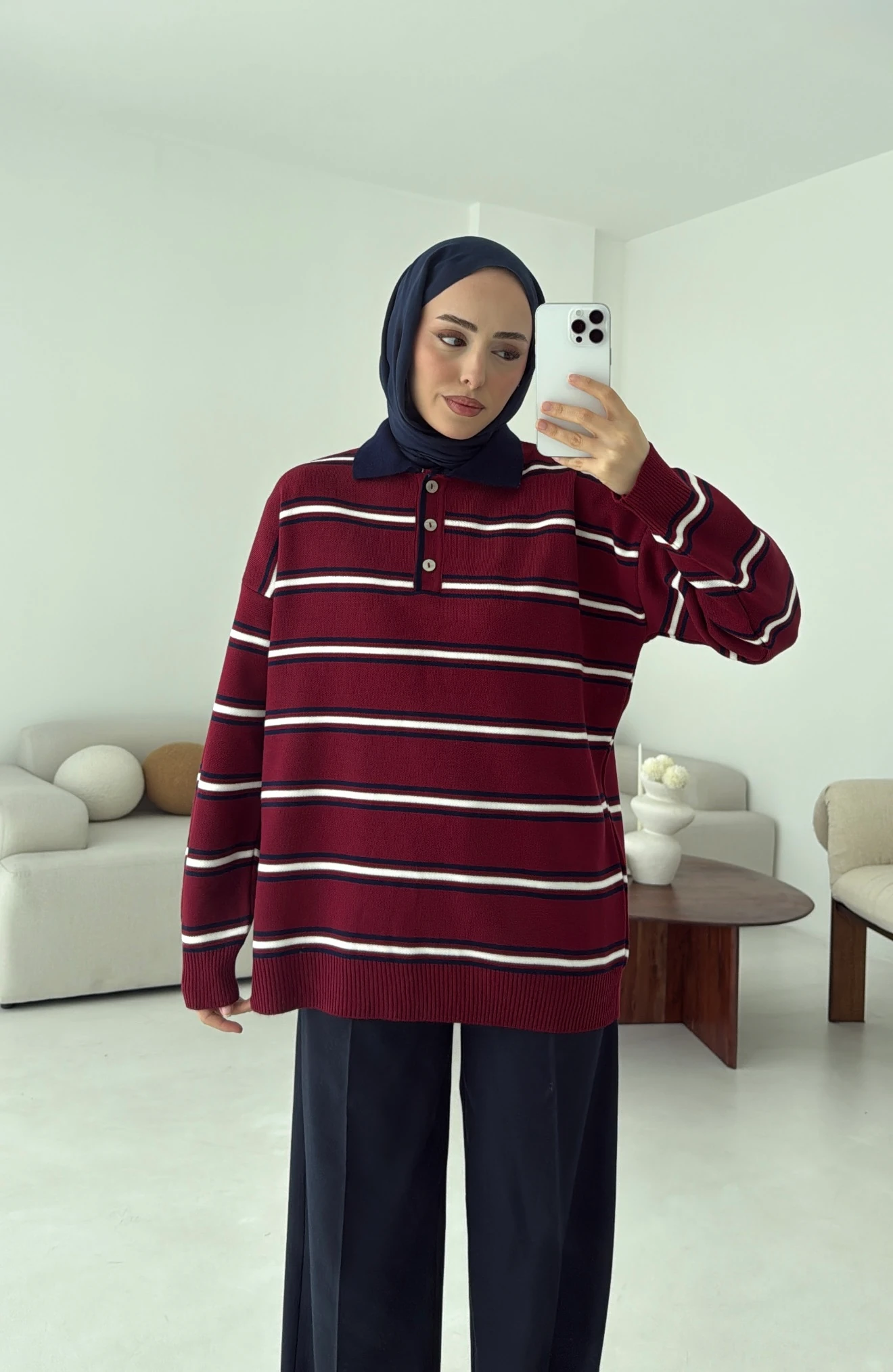 Bordo Çizgili Polo Yaka Triko Kazak