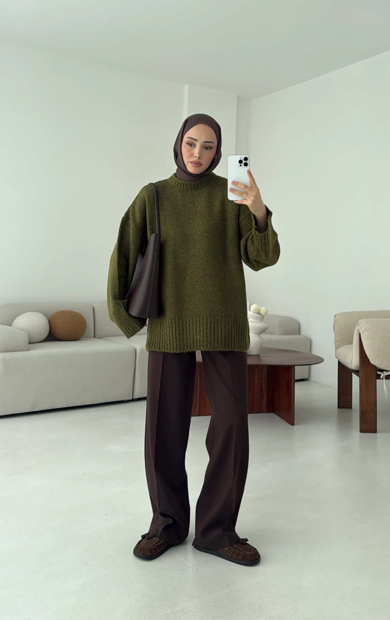 Çift Kat Triko Kazak Zeytin Yeşili