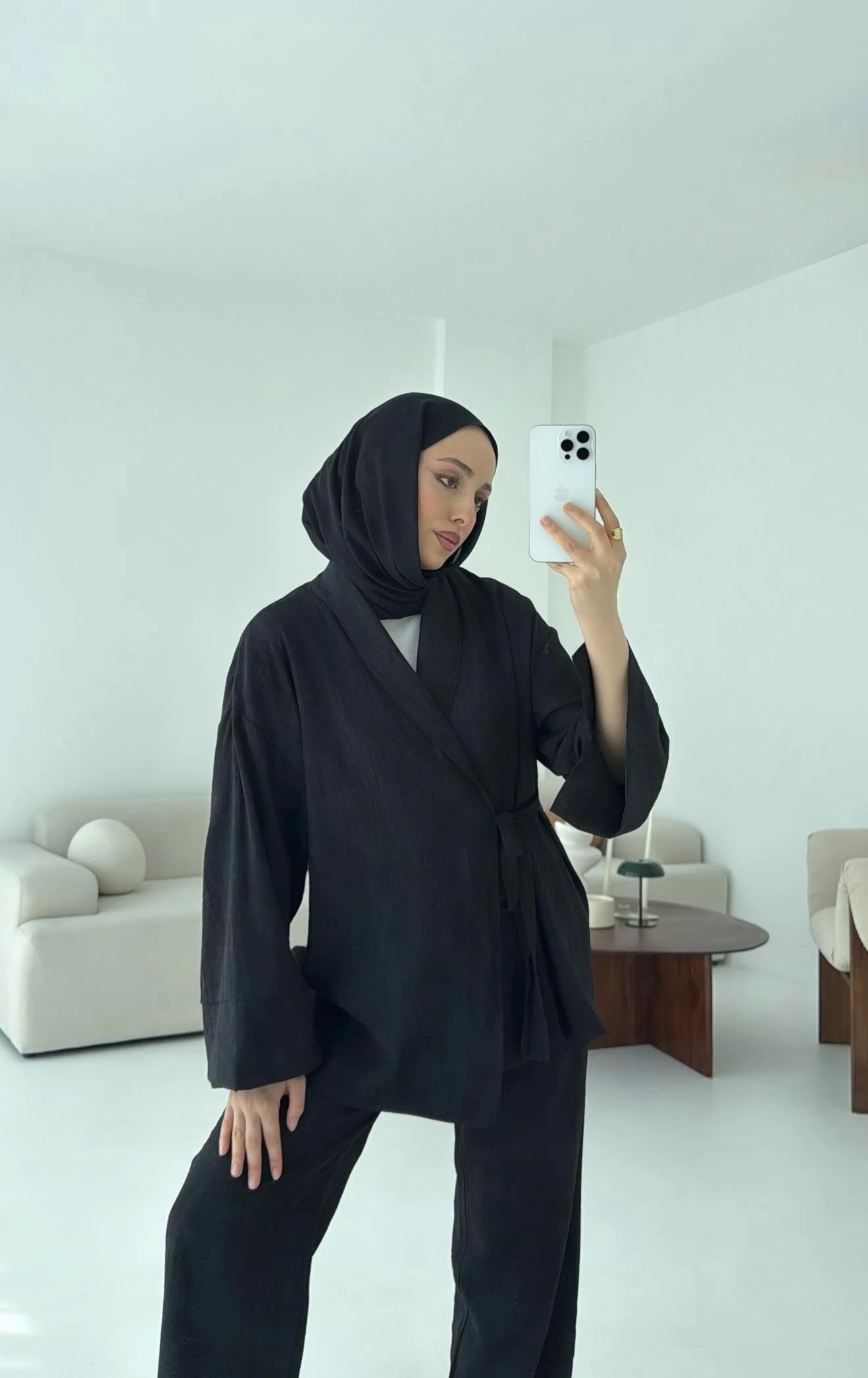 Siyah Yandan Baglamalı Kimono Takım