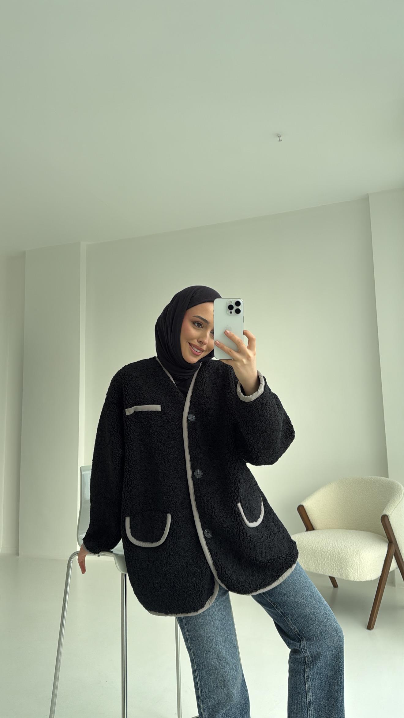 Düğmeli Oversize Teddy Ceket Siyah