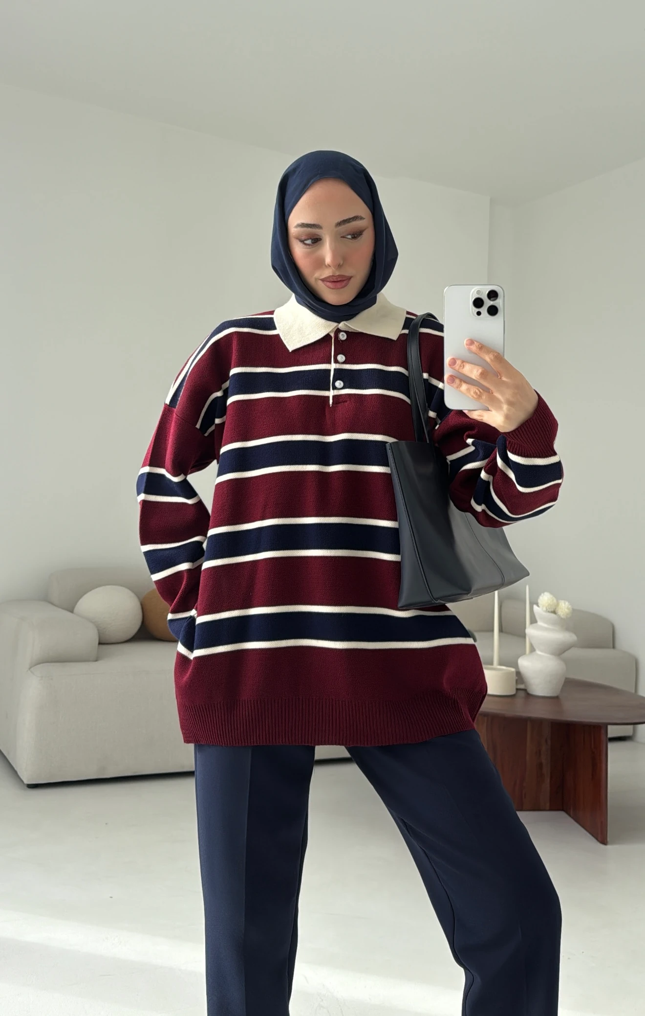 Bordo Lacivert Cizgili Triko Kazak (Ön sipariş perşembe kargoda)