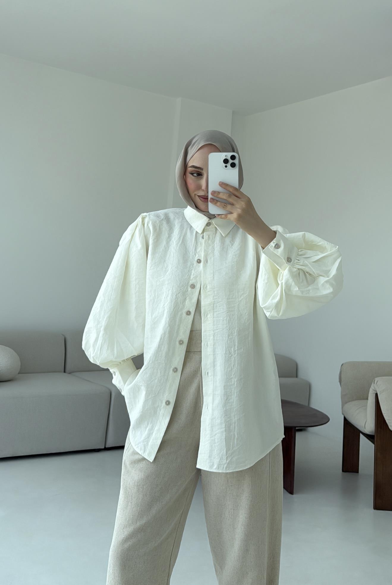 Cotton Balon Kol Gömlek Krem