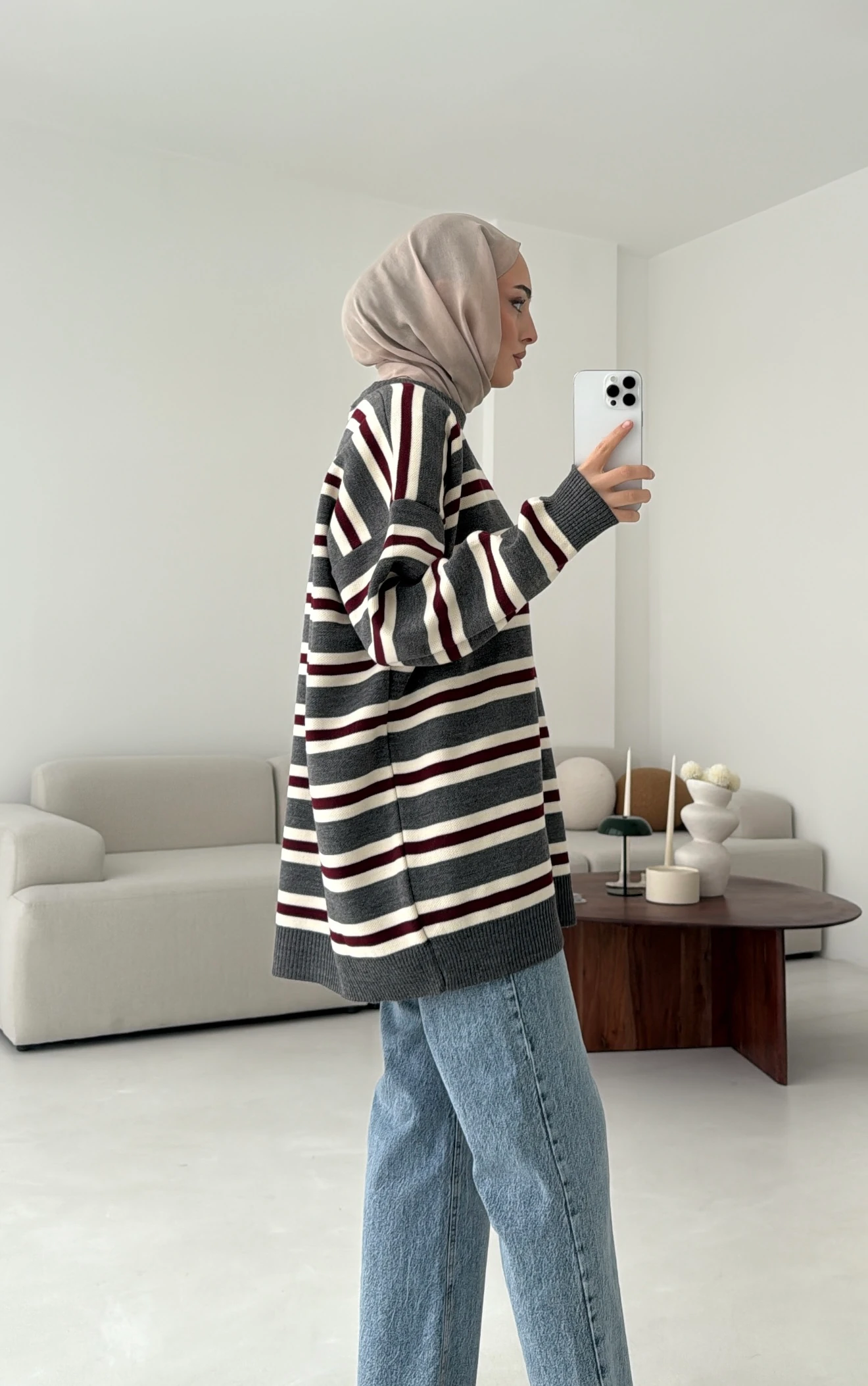 Bisiklet Yaka Çizgili Uzun Triko Kazak Siyah