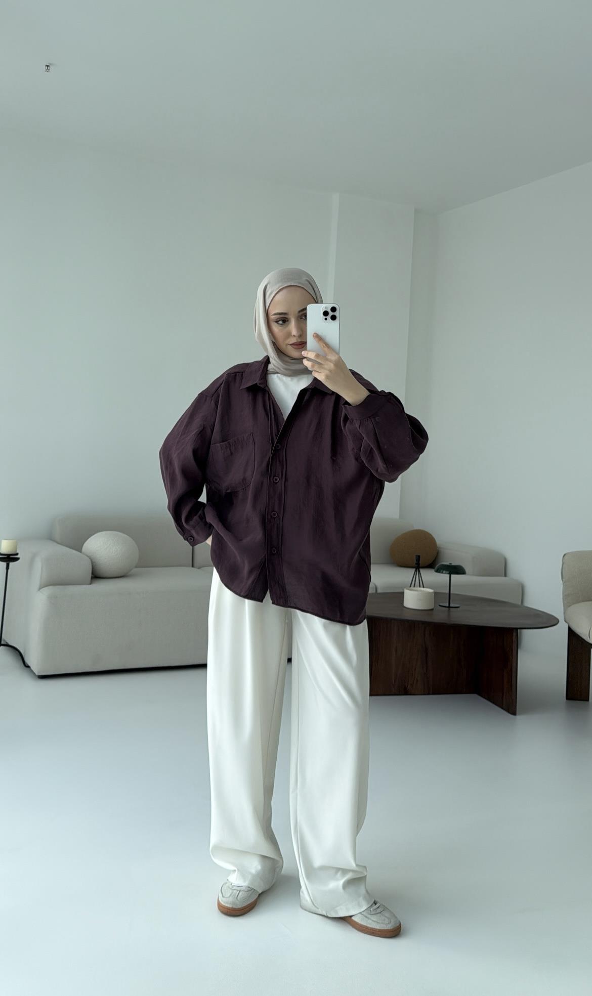 Düşük Omuz Oversize Gömlek Mürdüm