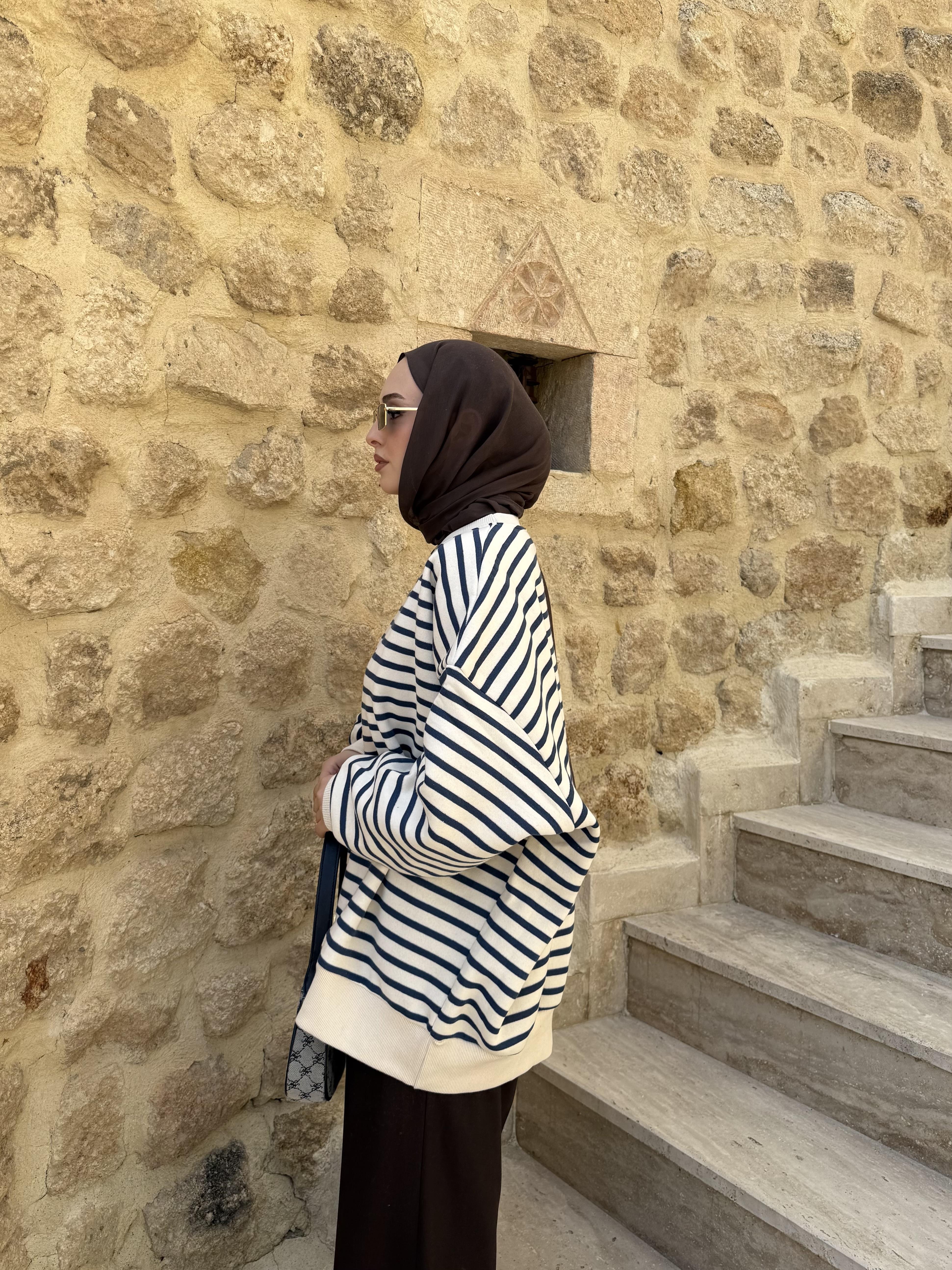 Çizgili Oversize Sweatshirt Lacivert