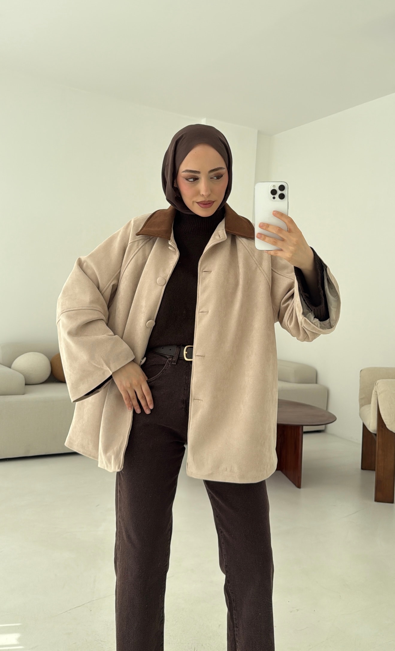 Nubuk Kontrast Yaka Ceket Bej