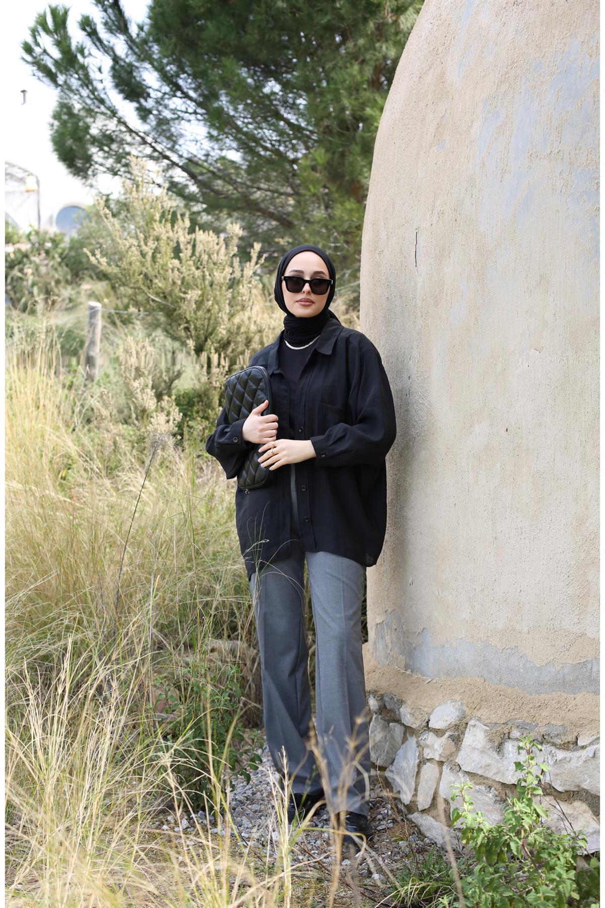 Oversize Pamuk Saten Gömlek Siyah