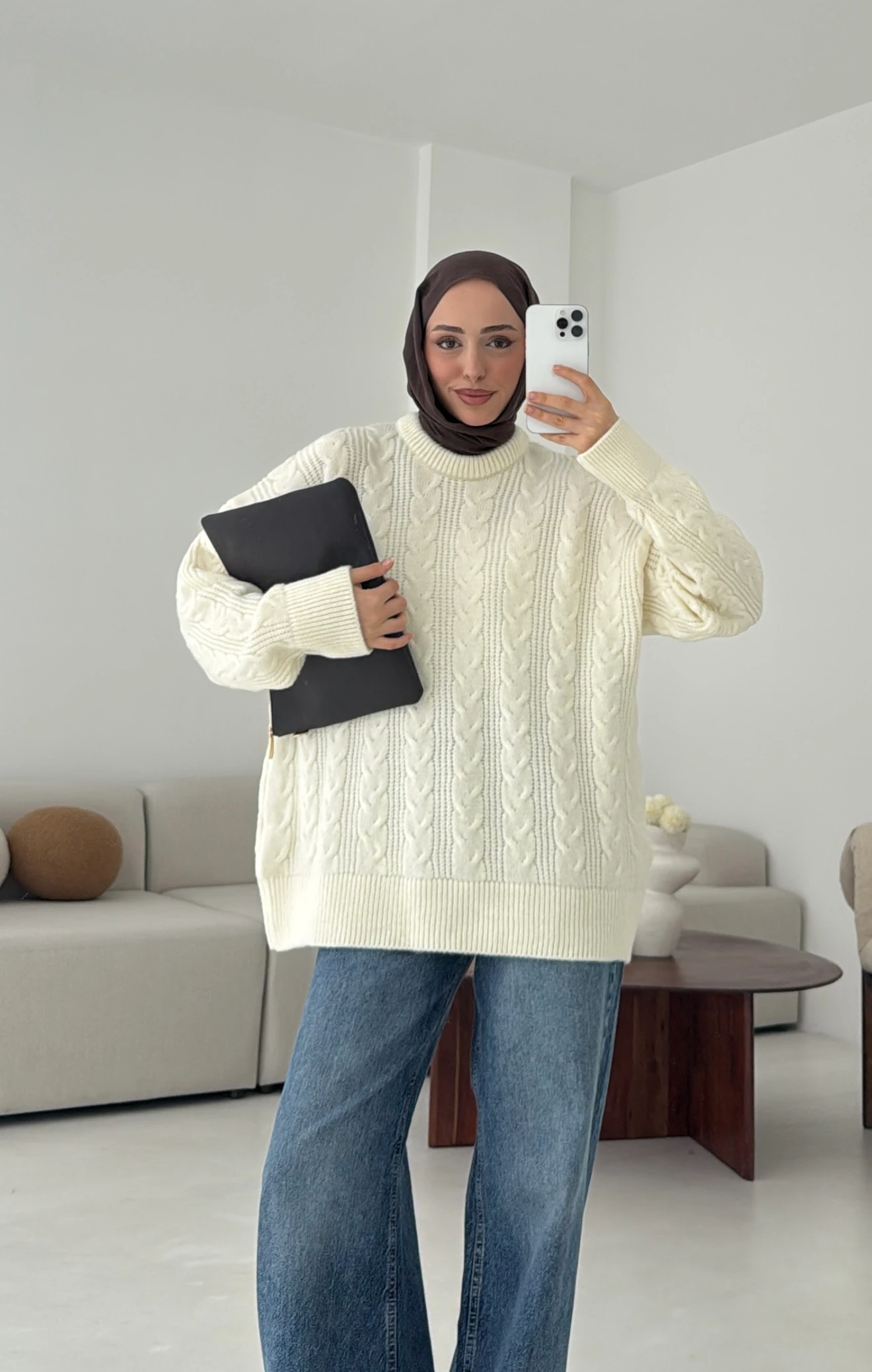 Kalın Saç Örgü Kazak Ekru