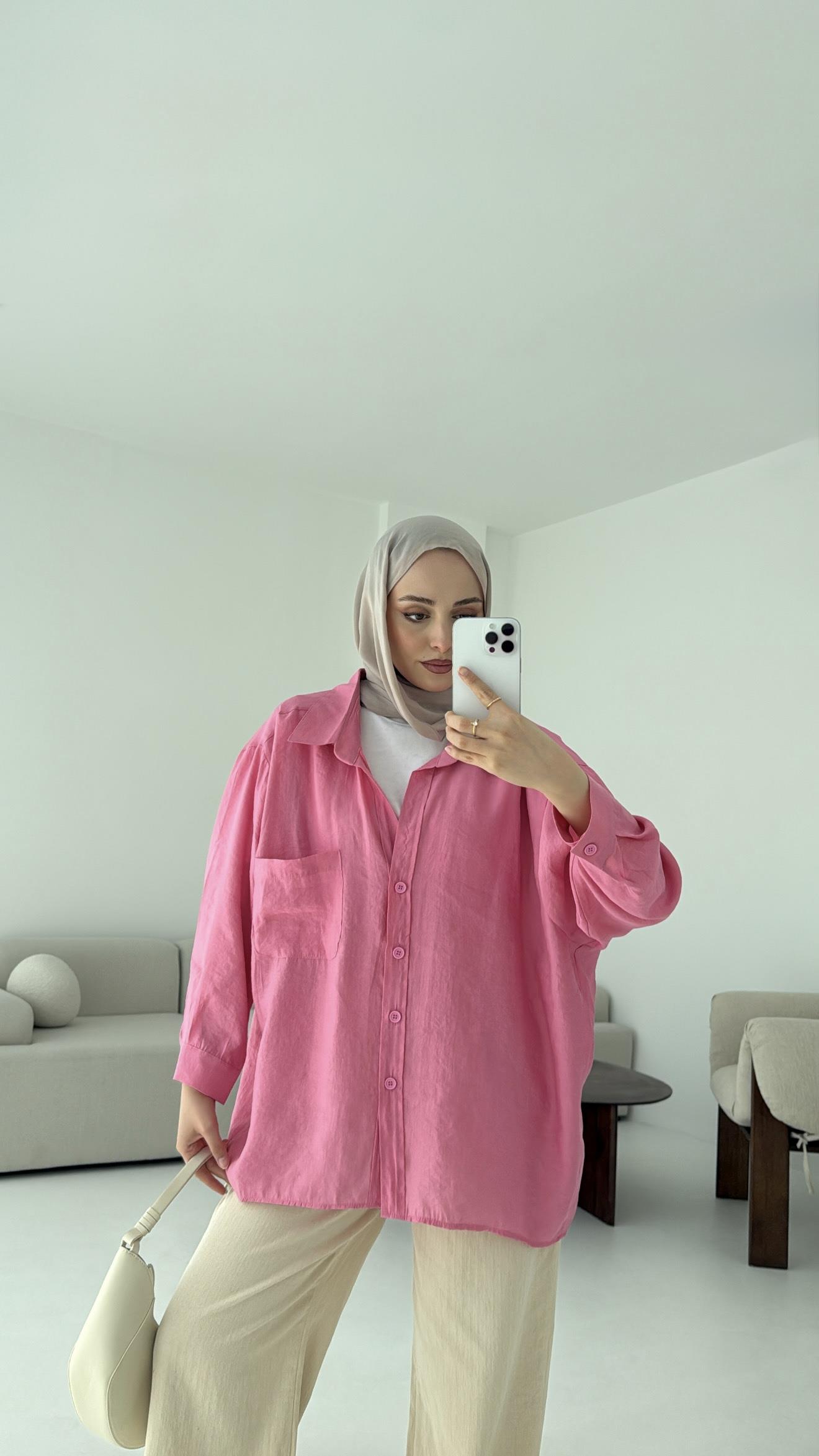 Düşük Omuz Oversize Gömlek Pembe