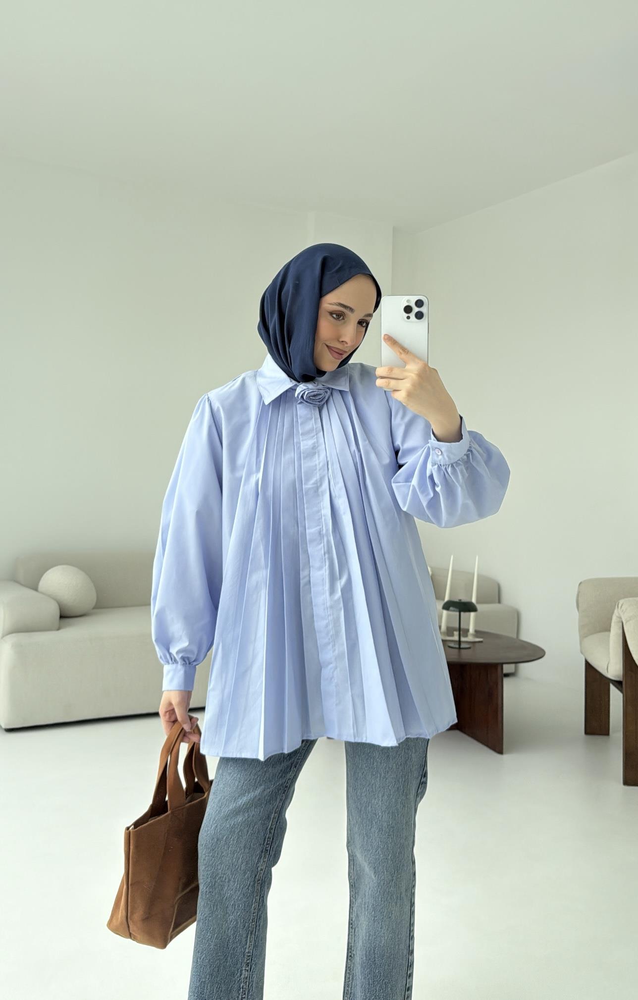 Pile Detay Gömlek Mavi