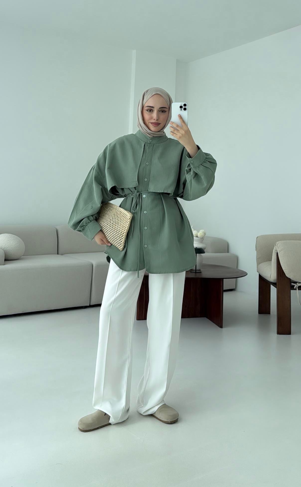 Pelerinli Keten Gömlek Yeşil