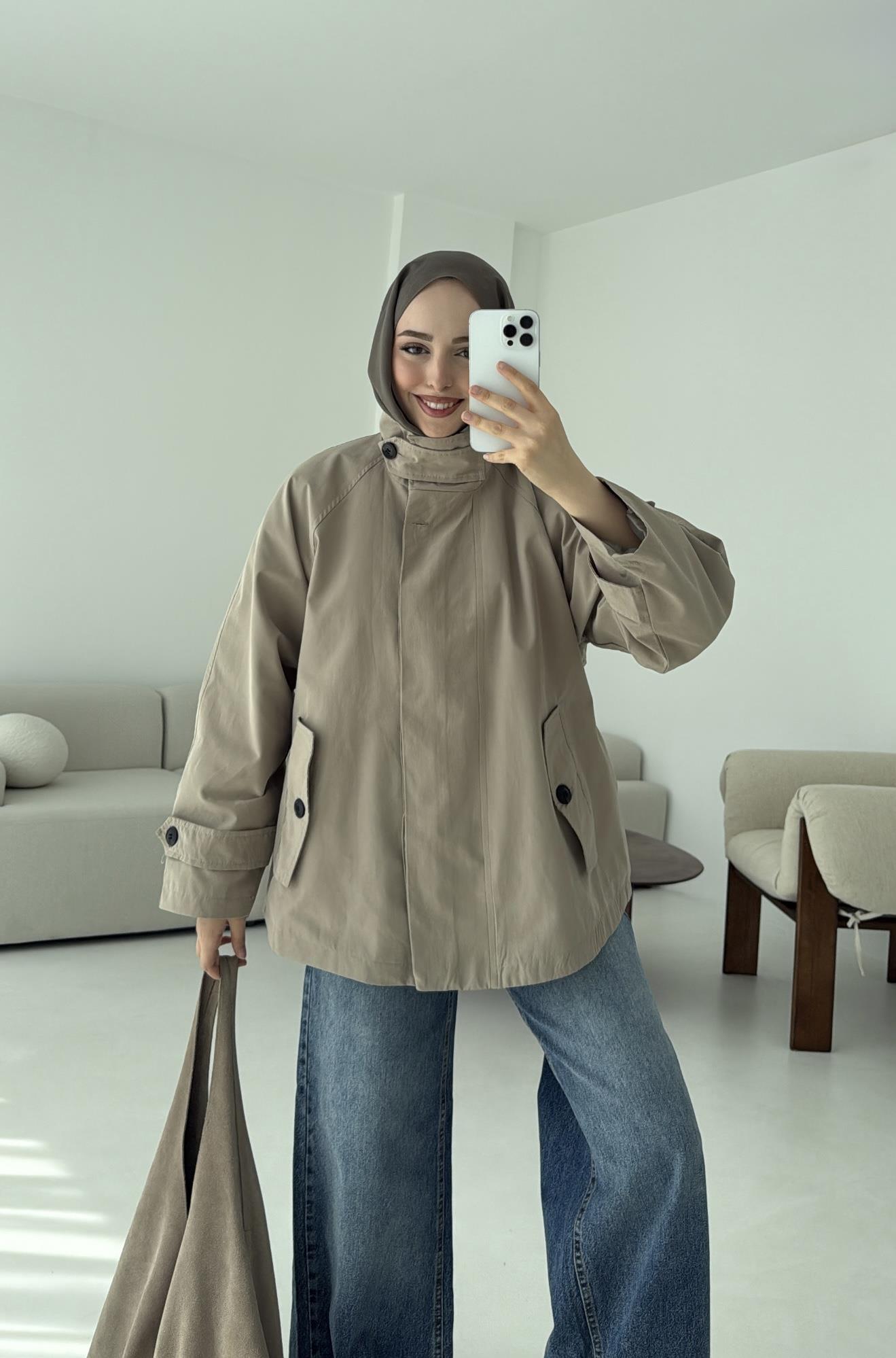 Minimal Yakalı Trençkot Vizon