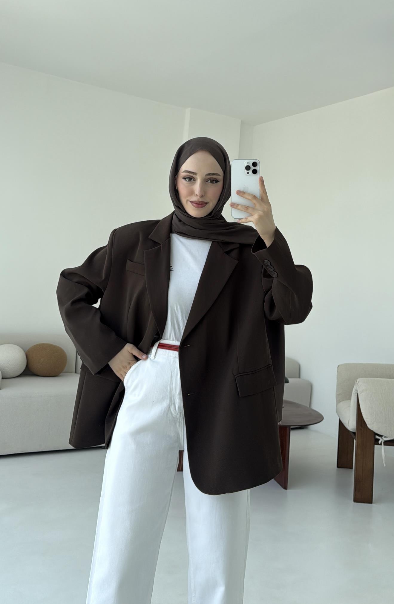 Çift Dügmeli Oversize Blazer Ceket Kahve