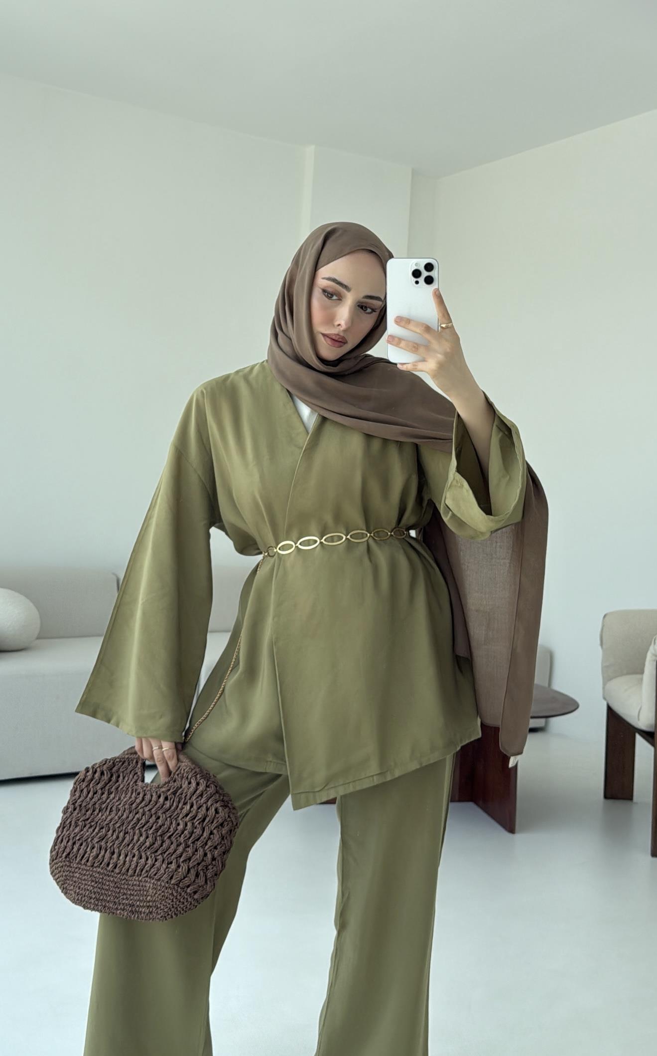 Bluz Biyeli Pantolon Takım Olive