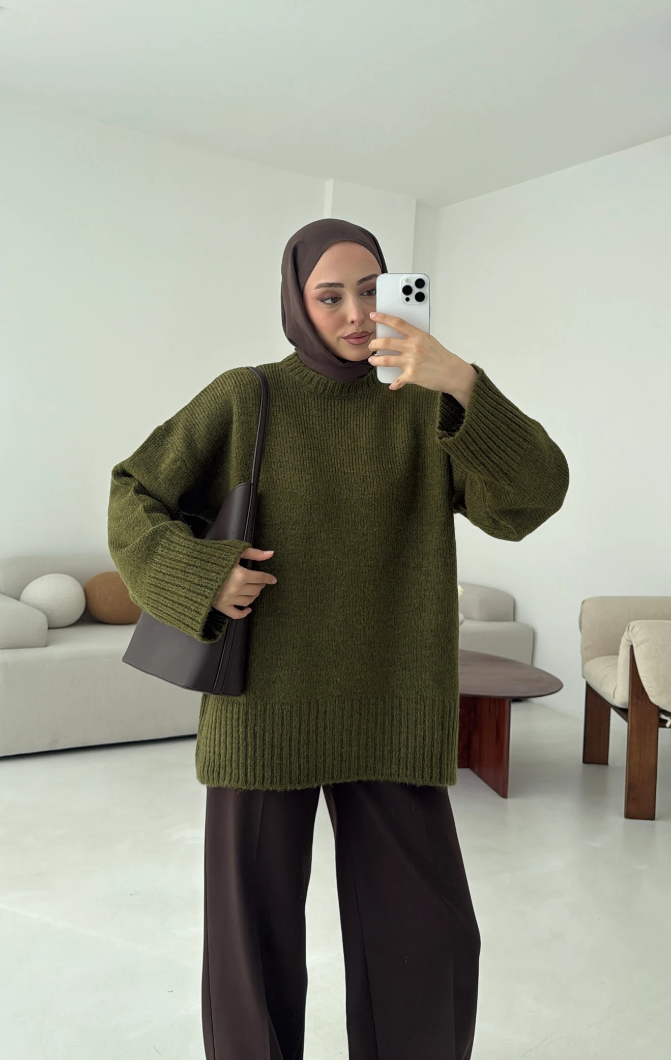 Çift Kat Triko Kazak Zeytin Yeşili