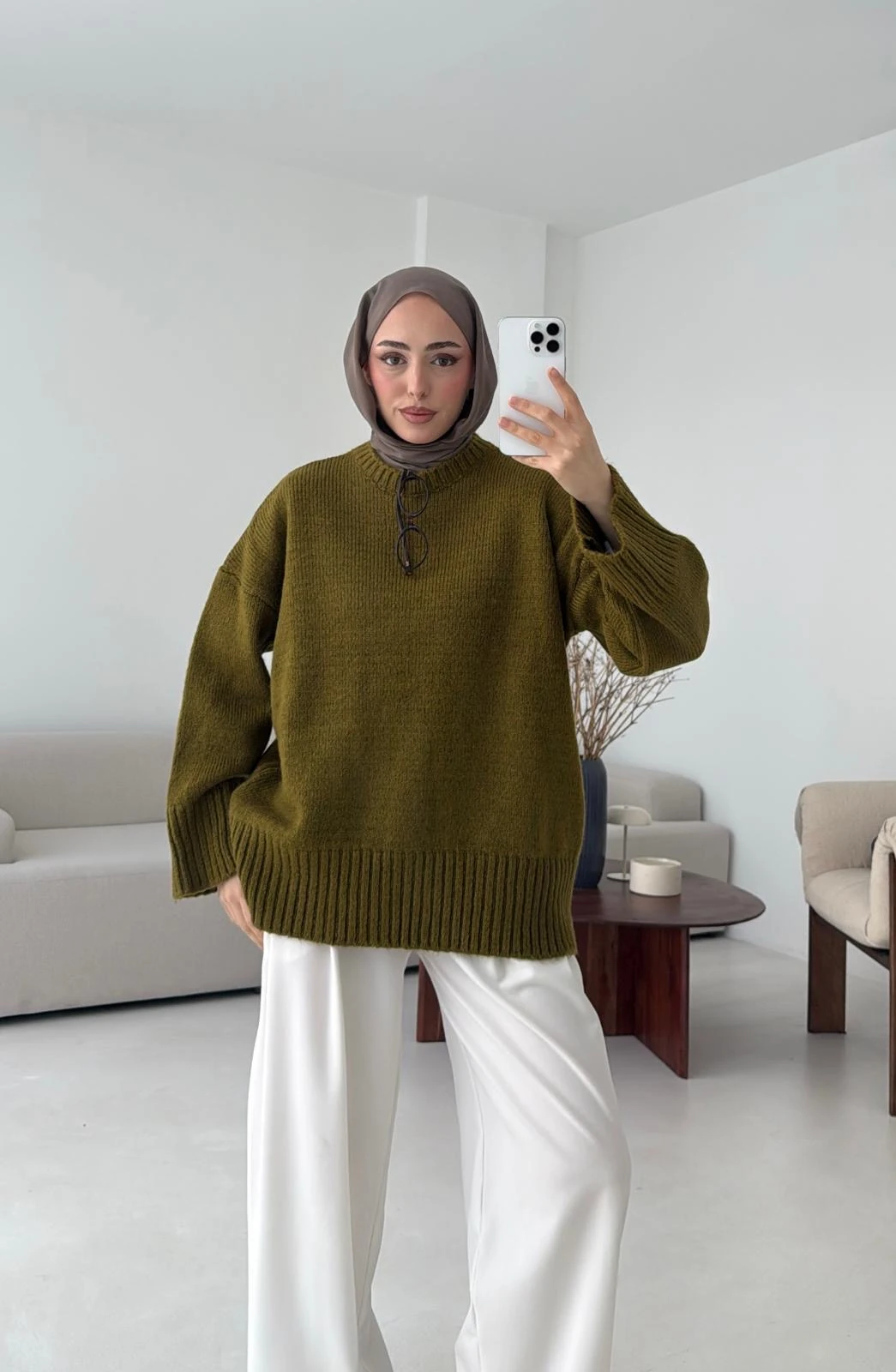 Çift Kat Triko Kazak Zeytin Yeşili