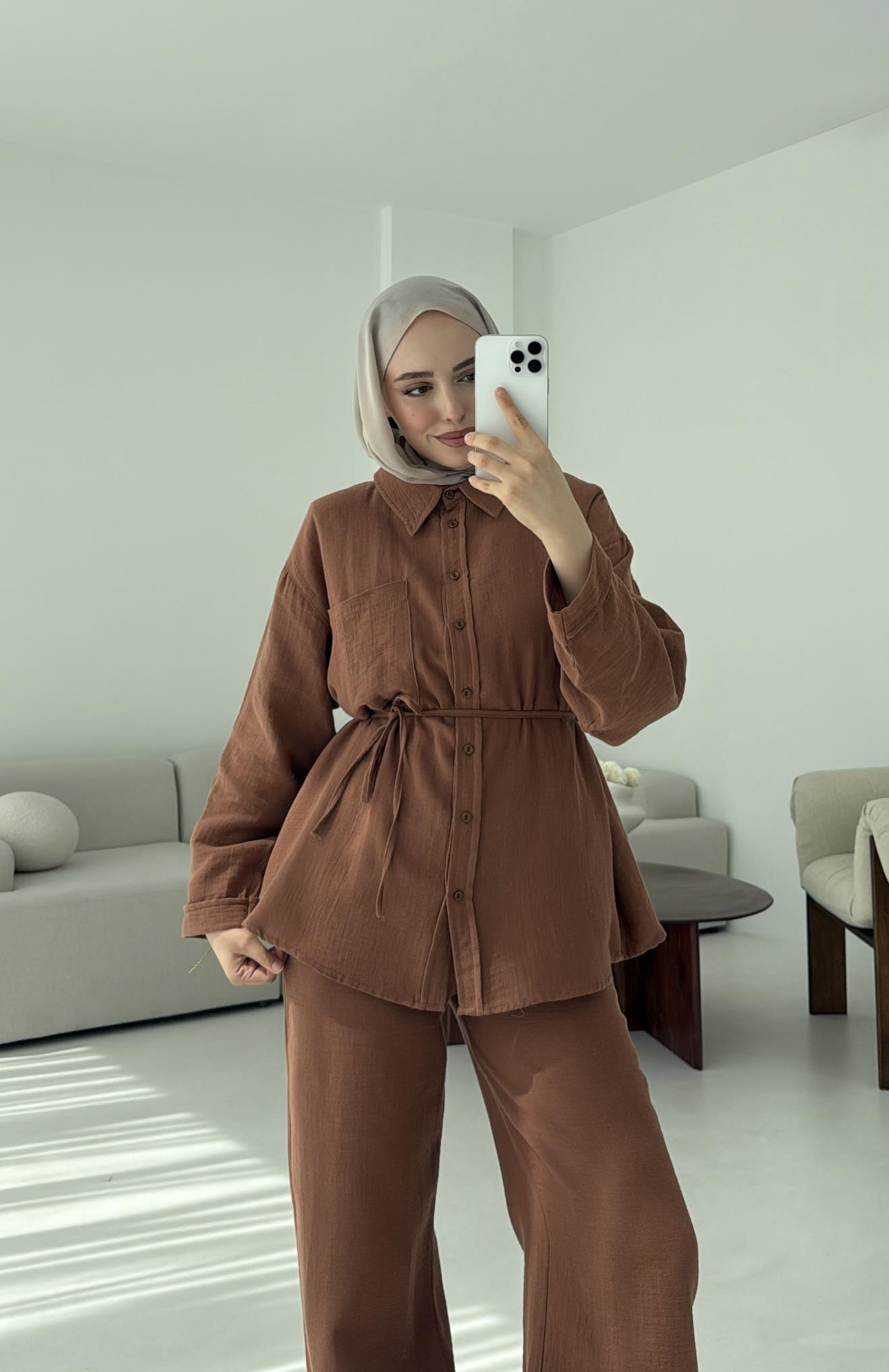 Müslin Pantolon Takım Kahverengi