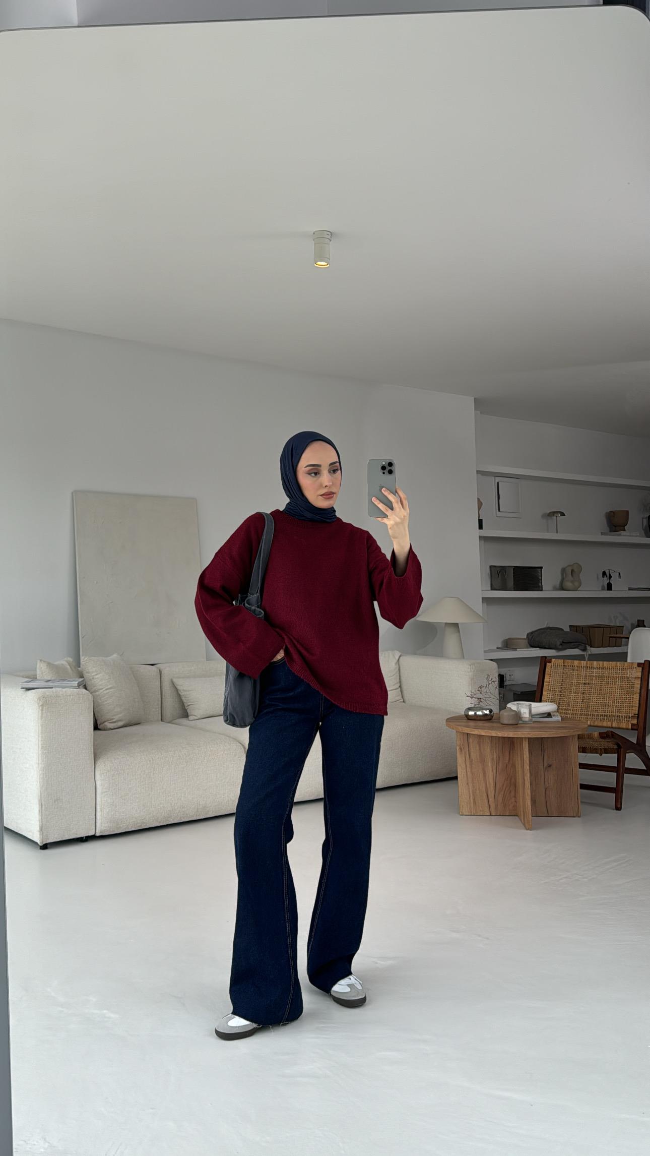 Geniş Kol Basıc Kazak Bordo