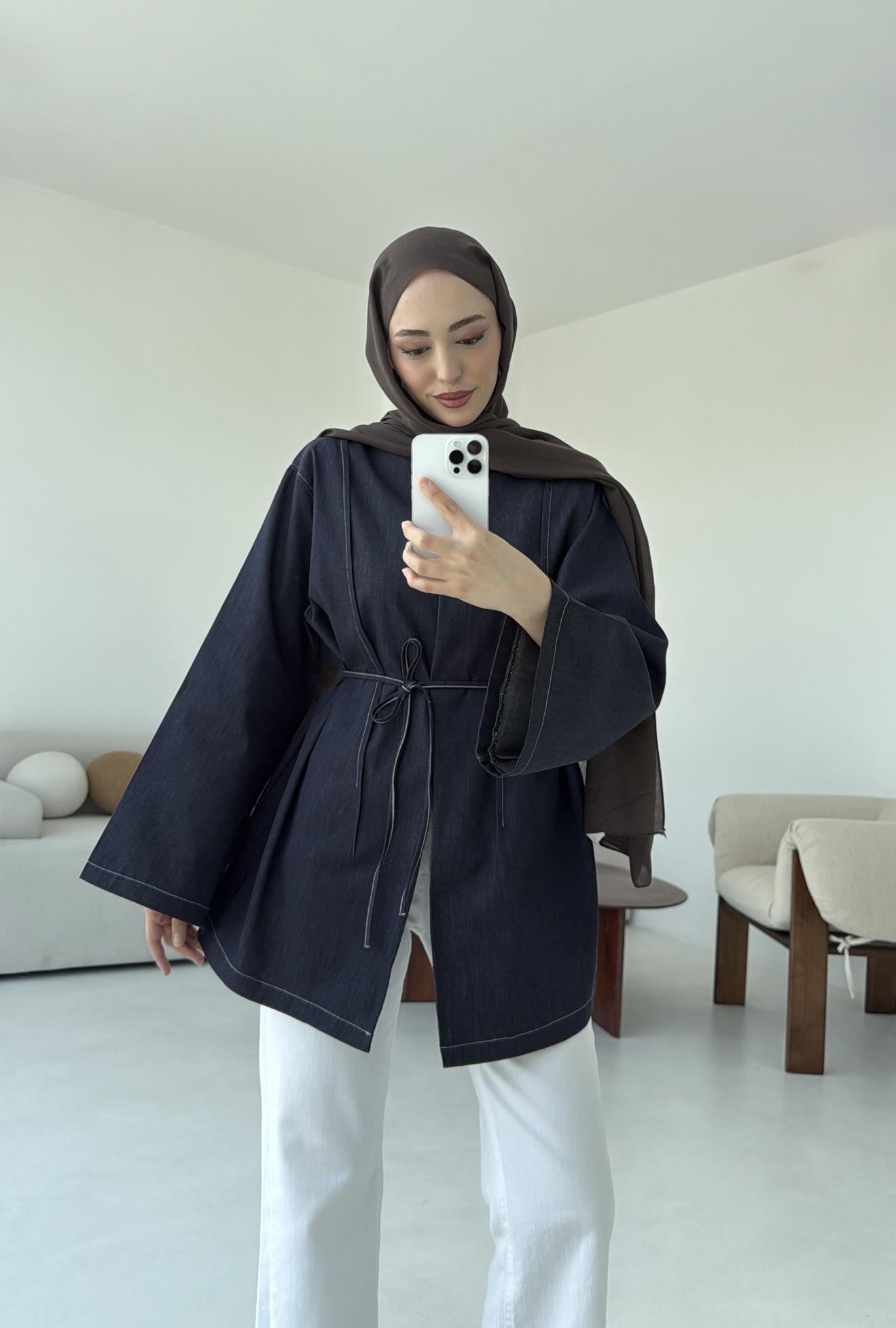Biyeli Kot Kimono/Ceket Lacivert