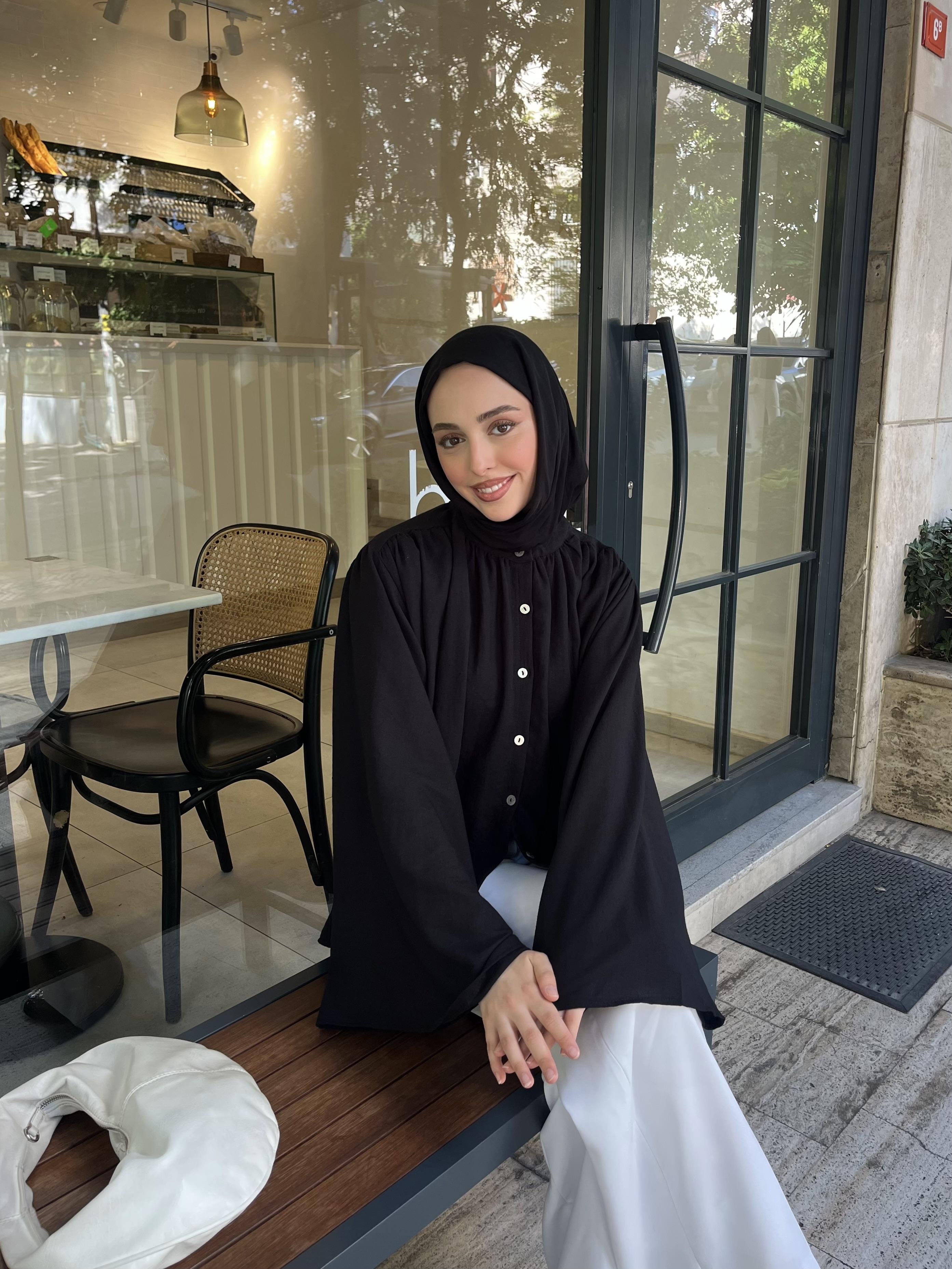 Geniş Kol Tasarım Keten Gömlek Siyah