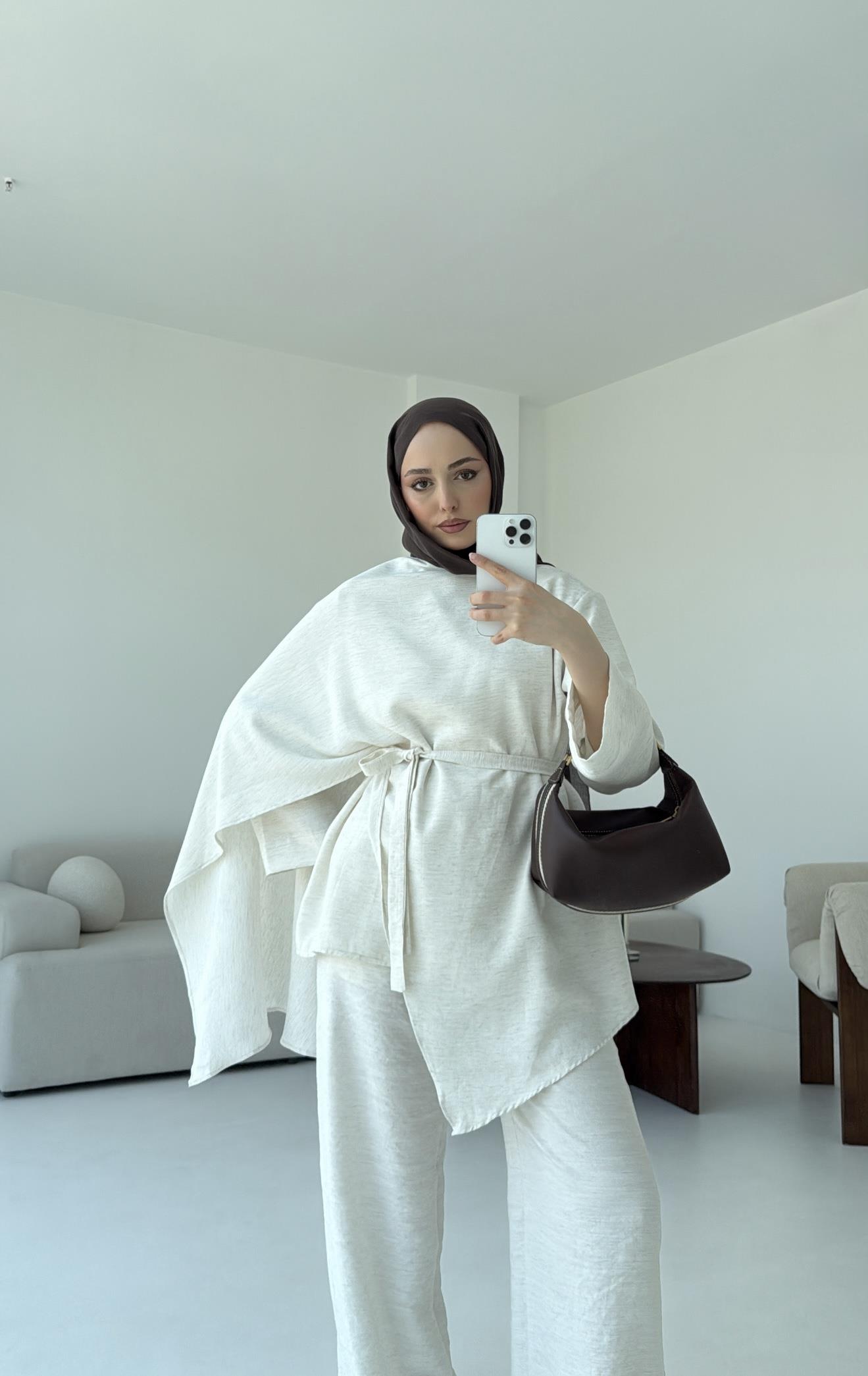 Fular Detay Tunik Takım Natural