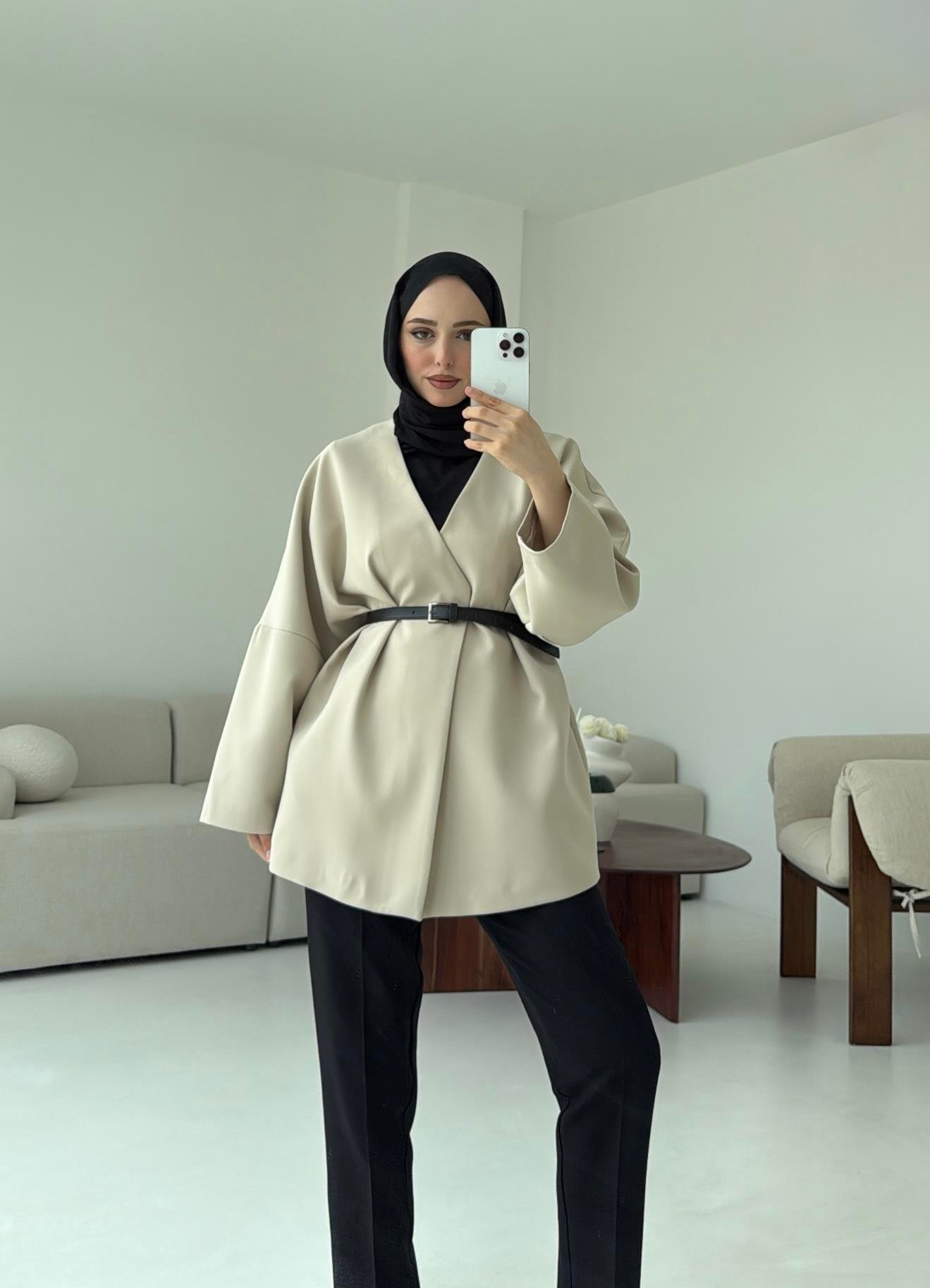 Deri Kemer Detay Oversize Ceket Taş