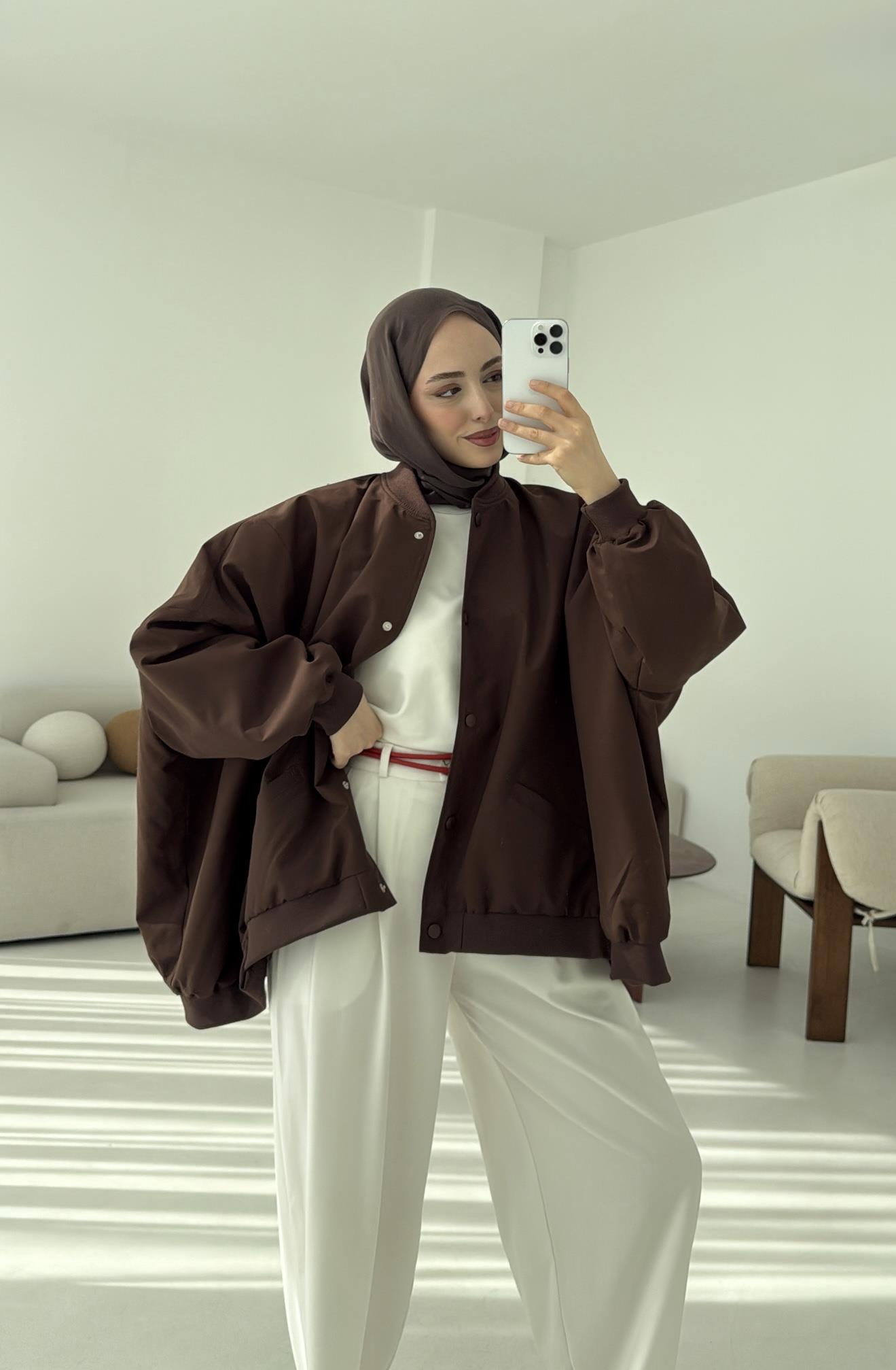 Overize Asimetrik Kesim Bomber Ceket Kahve