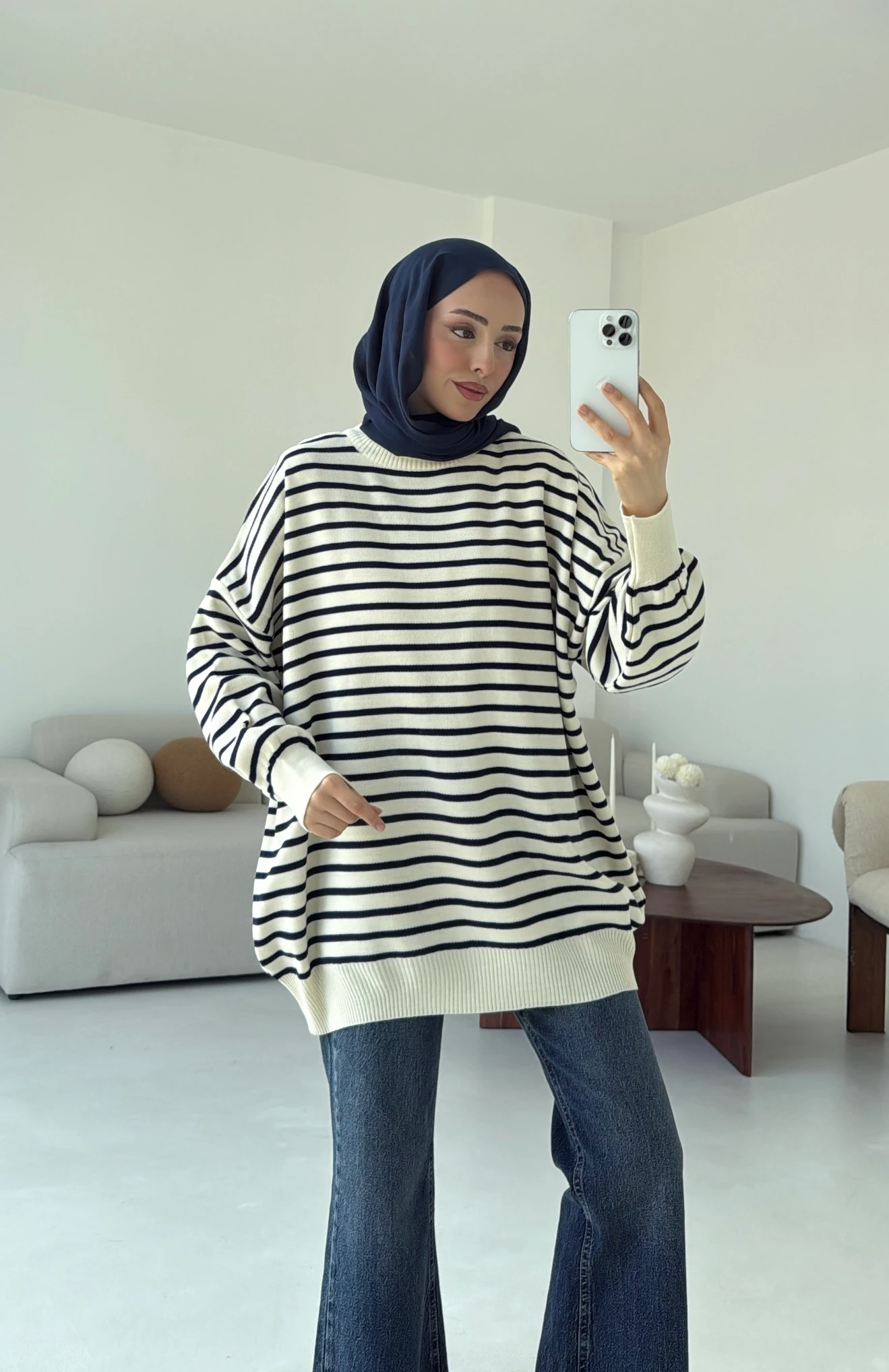 Çizgili Triko Kazak Ekru