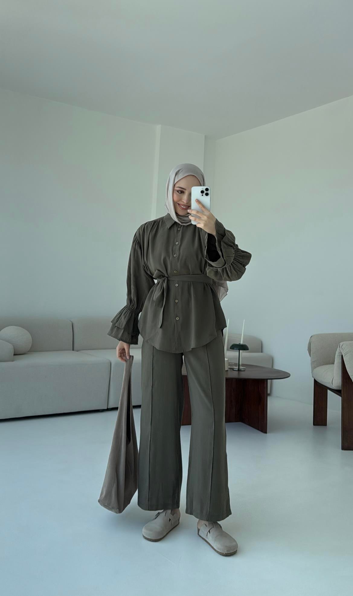 Büzgülü Oversize Gömlek Takım Haki
