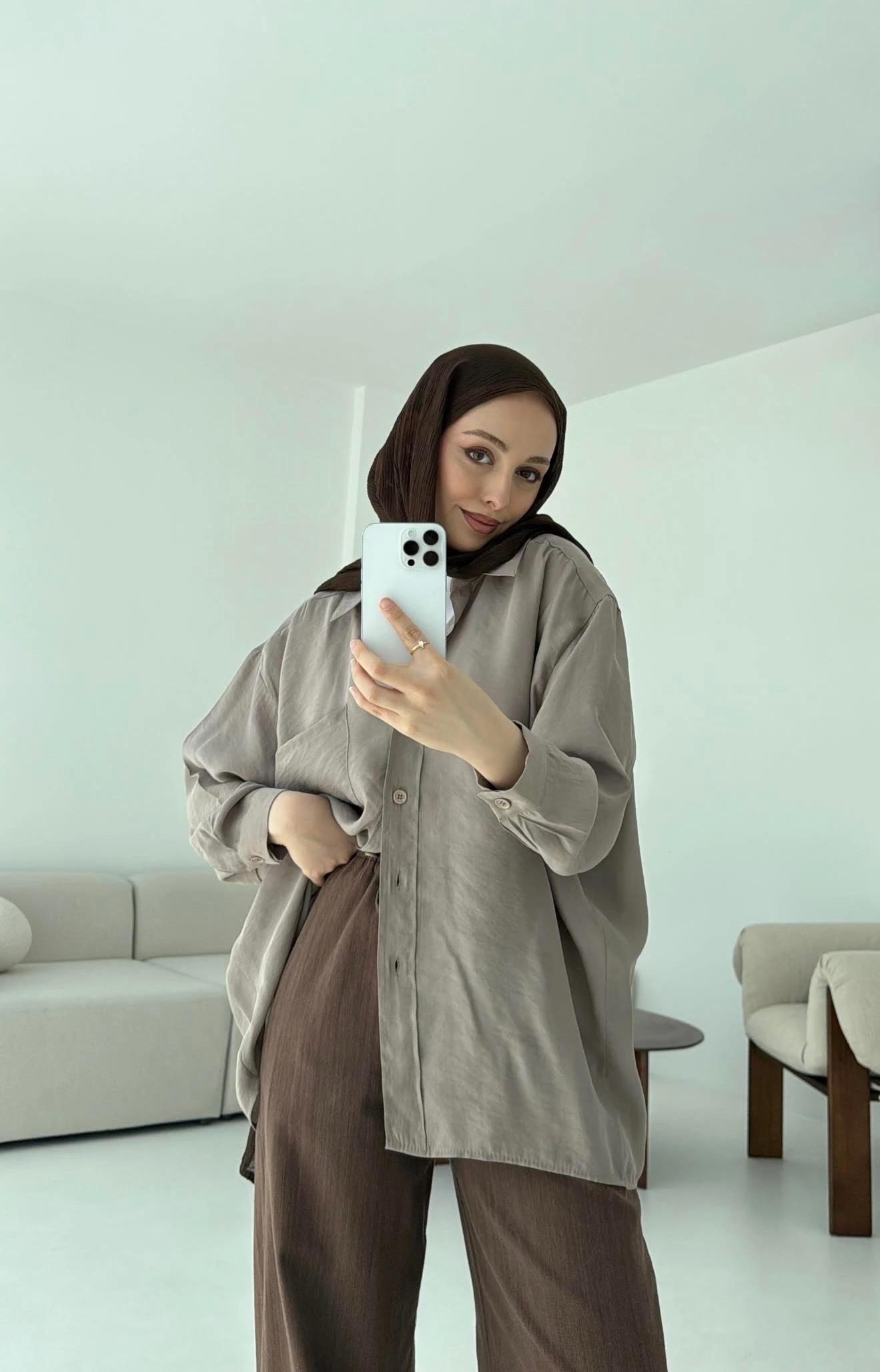 Düşük Omuz Oversize Gömlek Açık Vizon